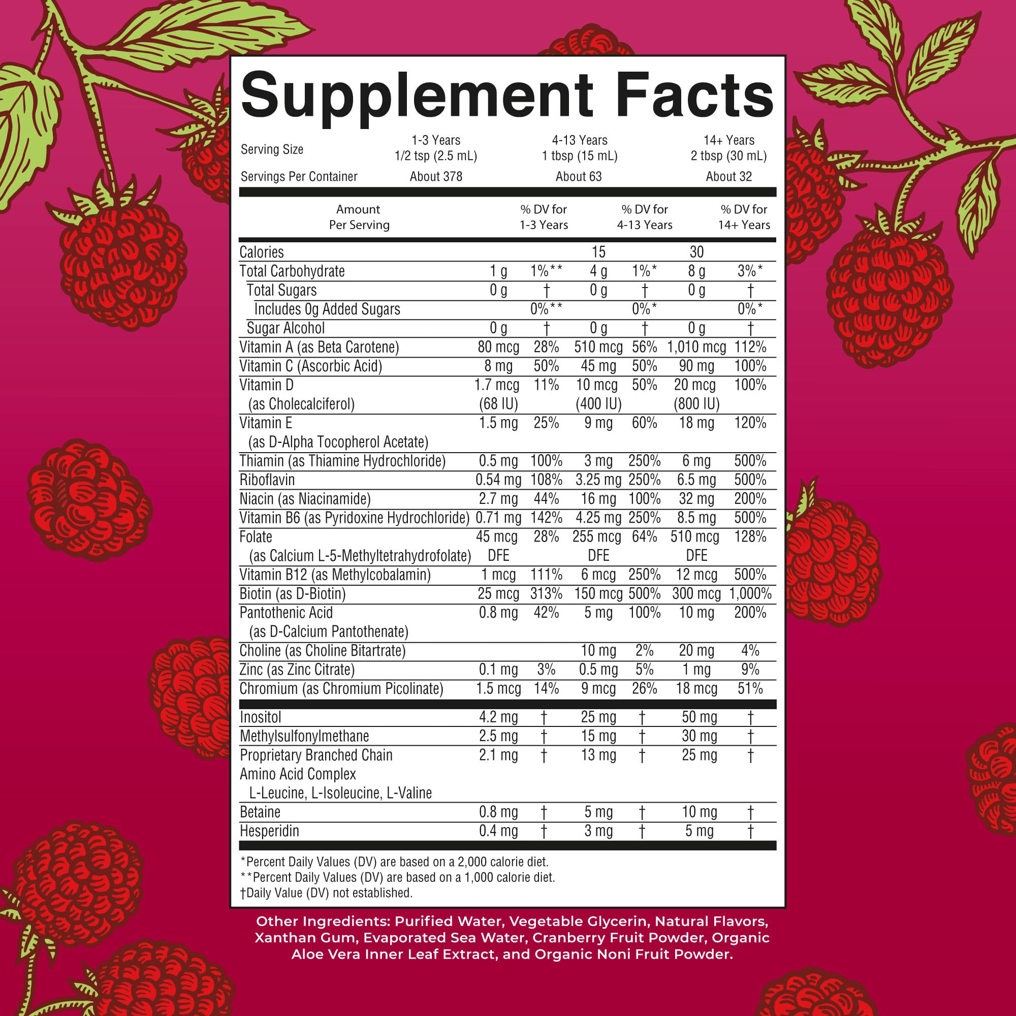 Nutrition facts label for MaryRuth Liquid Morning Multivitamin