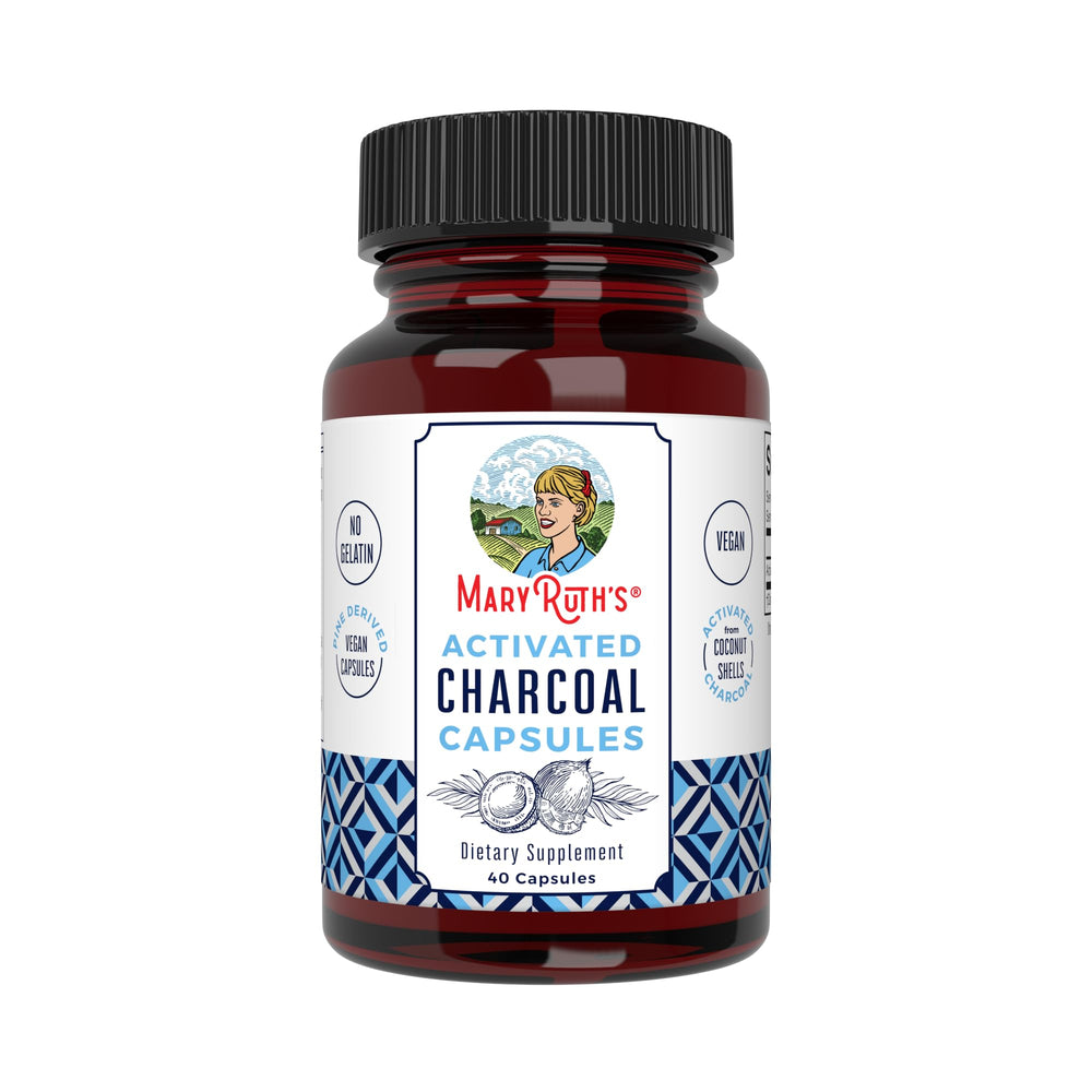 Bottle of MaryRuth Organics Activated Charcoal Capsules - front view