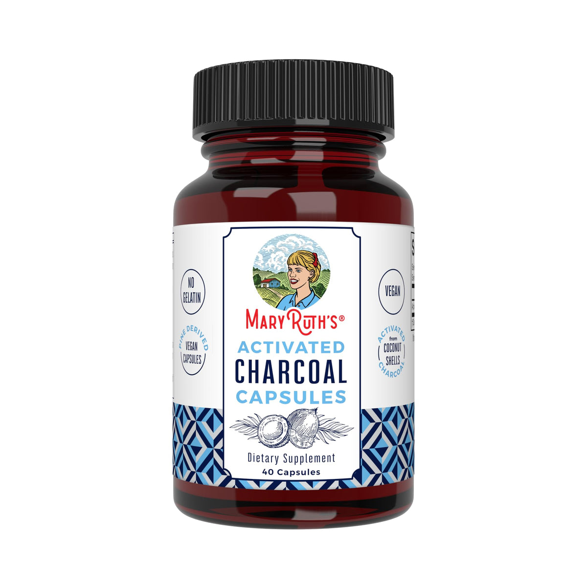 Bottle of MaryRuth Organics Activated Charcoal Capsules - front view