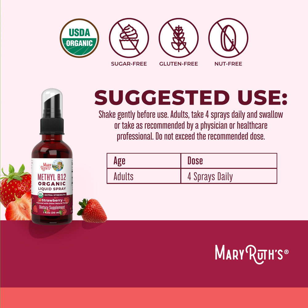 MaryRuth Organics B12 label close-up highlights vegan methylcobalamin.