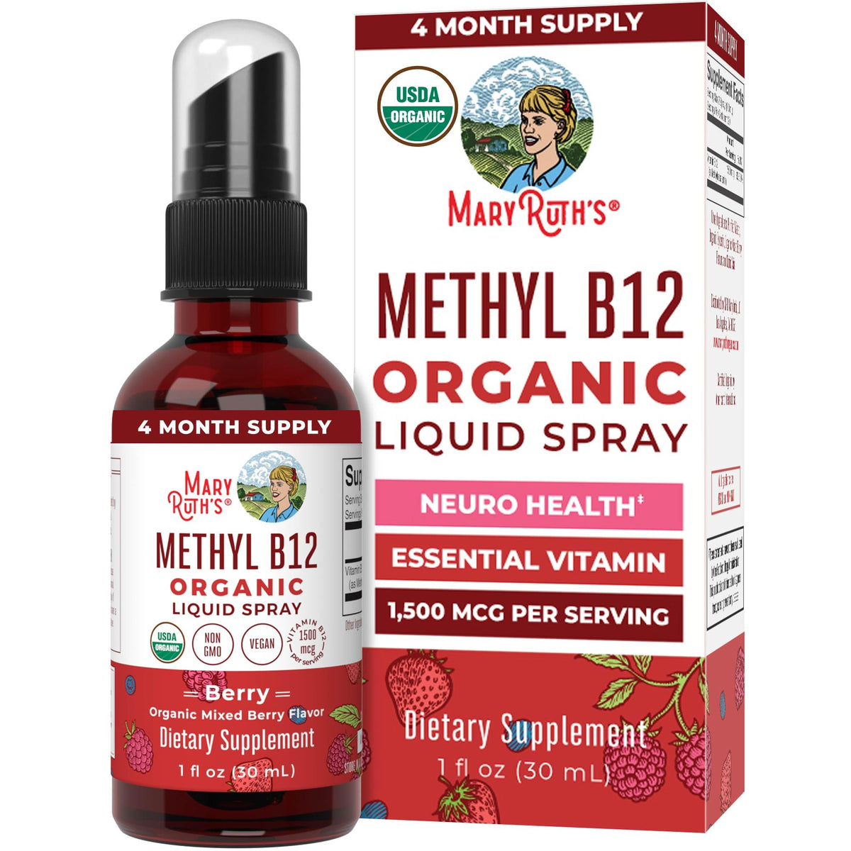 MaryRuth B12 spray bottle with berry flavor and 1,500 mcg label
