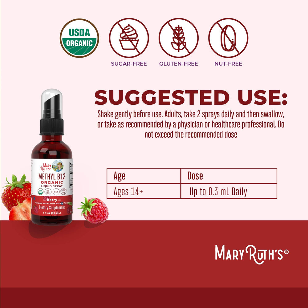 MaryRuth Organics B12 spray berry flavor application shot for daily use