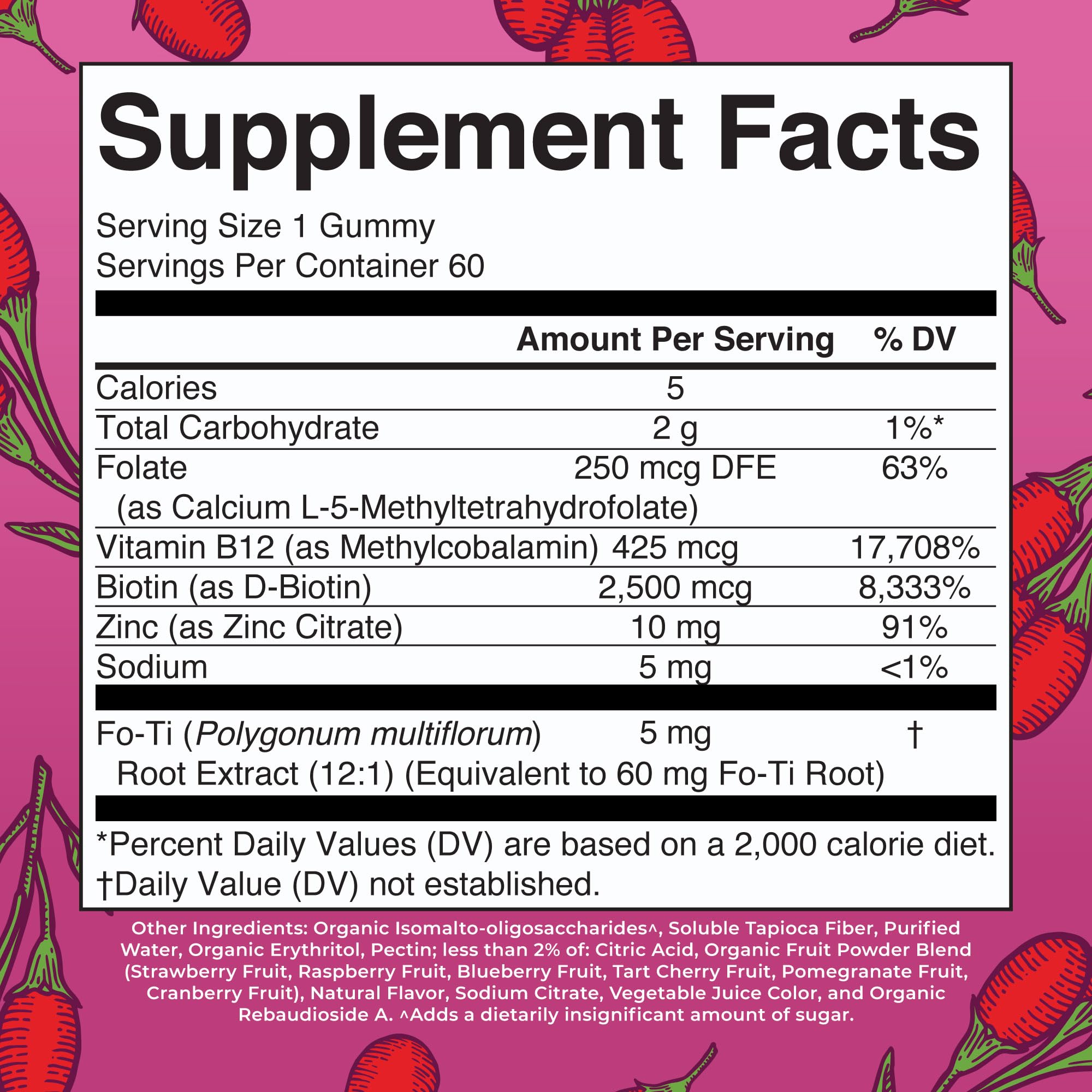 Back view of Biotin Gummies with nutrition facts label