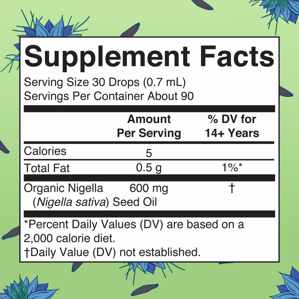 Side view of MaryRuth Black Seed Oil Liquid Drops bottle with dropper