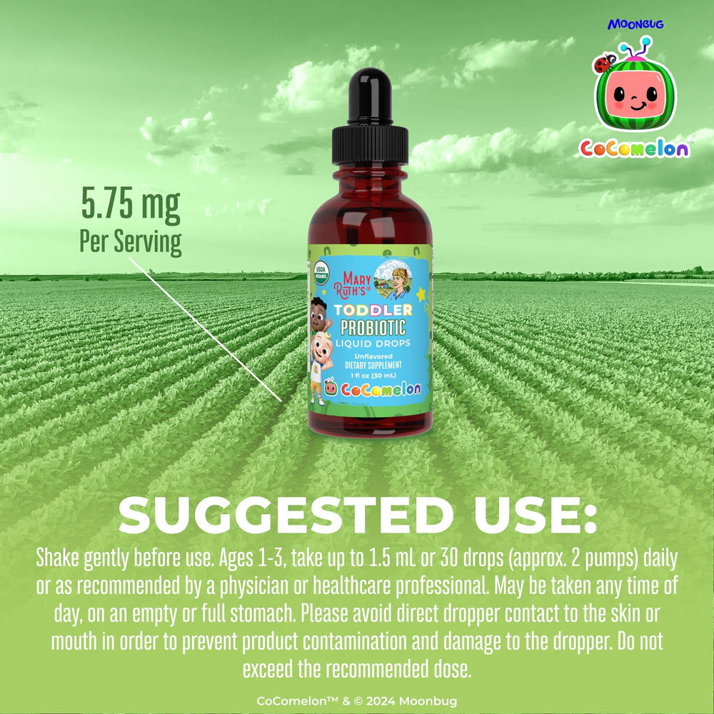 Dosage guide showing 1.5 mL or 30 drops per day
