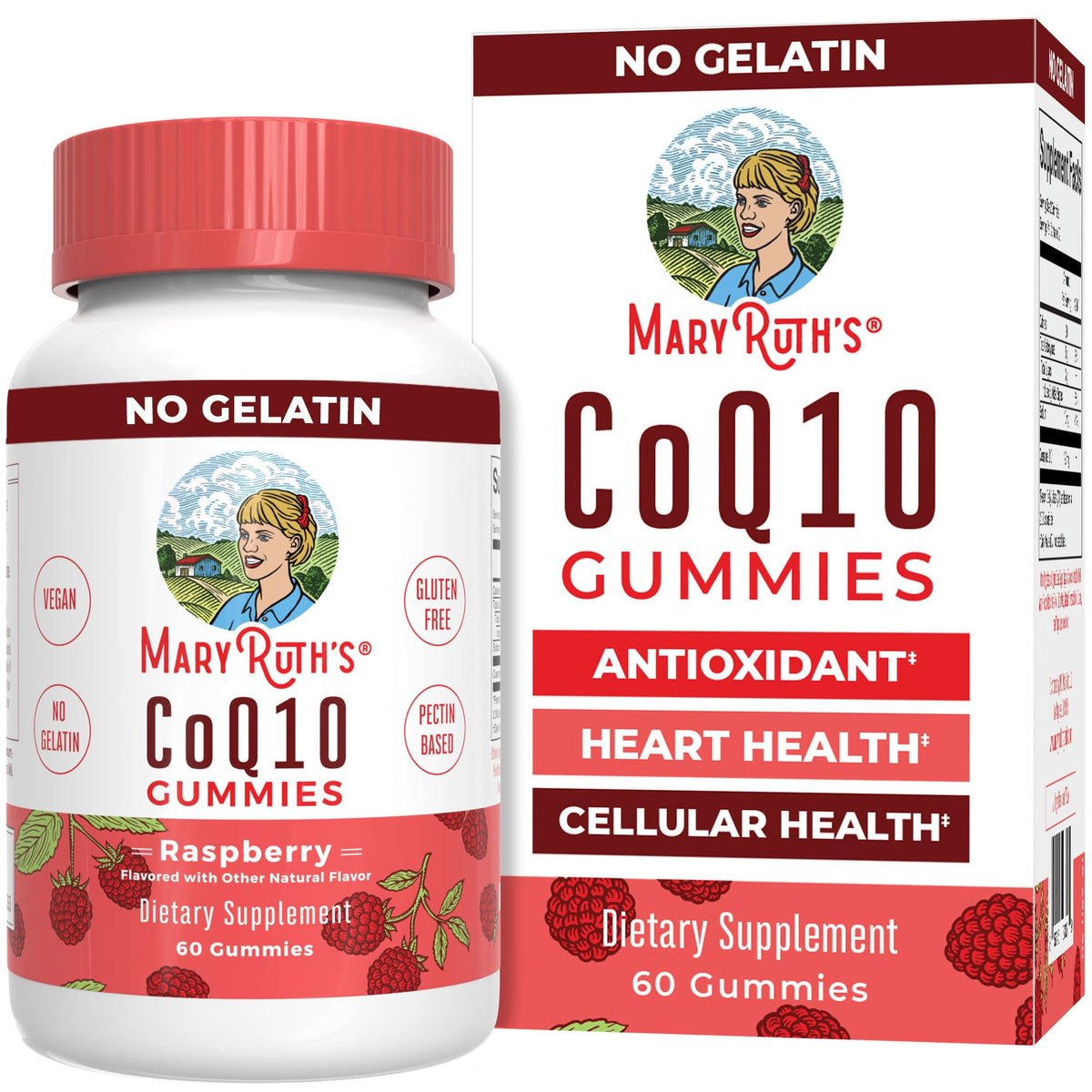 Raspberry-flavored CoQ10 gummy showing 120 mg per 2-gummy serving