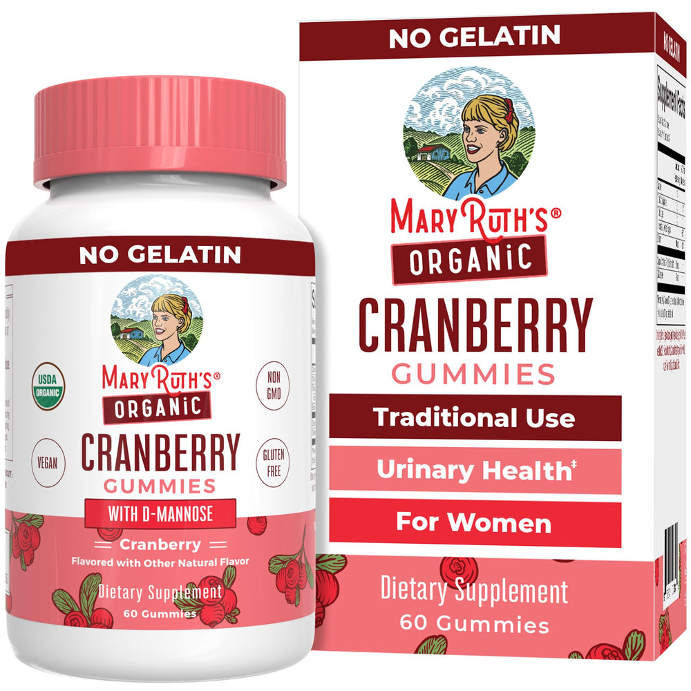 Bottle and label of MaryRuth Organic Cranberry Gummies with D-Mannose