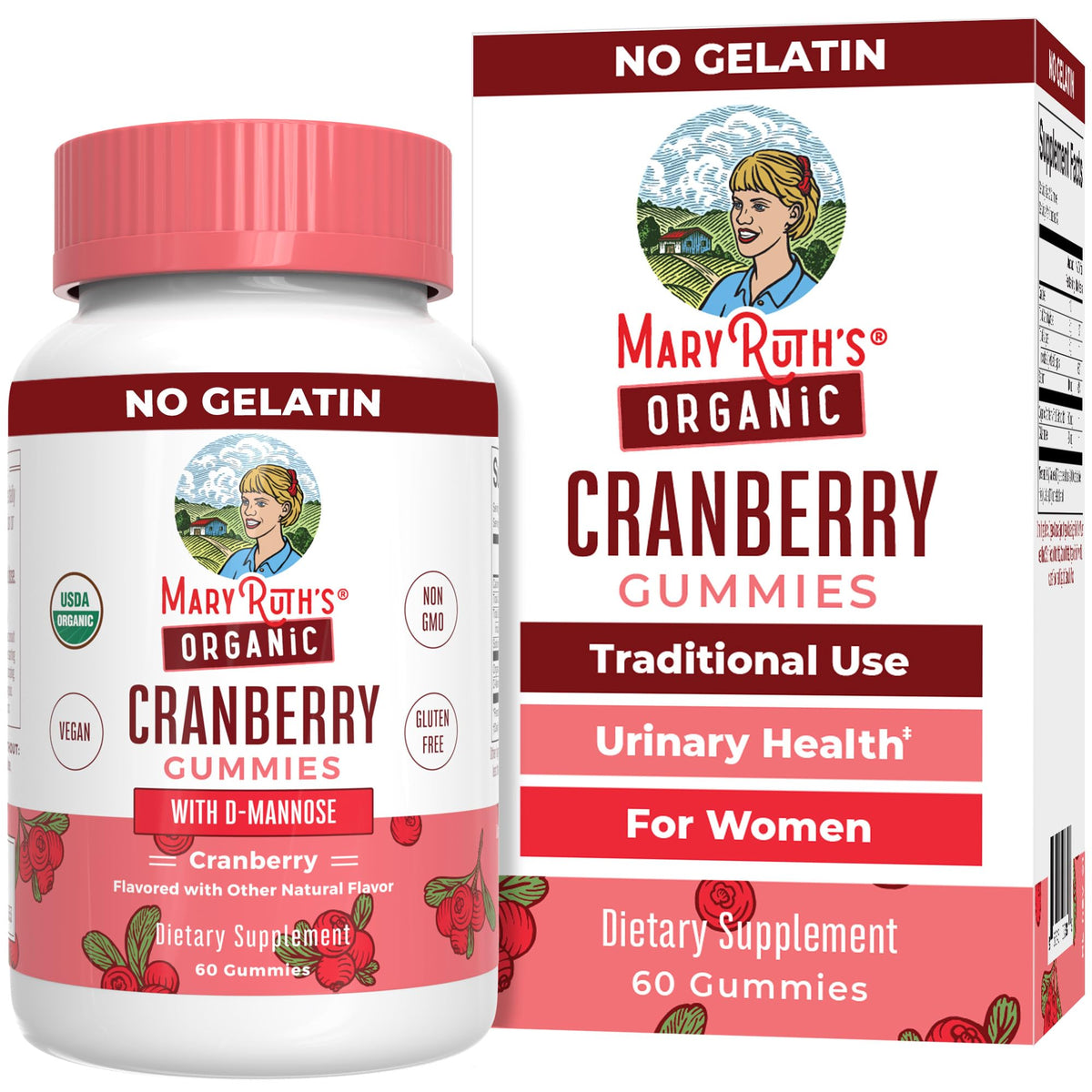 Bottle and label of MaryRuth Organic Cranberry Gummies with D-Mannose