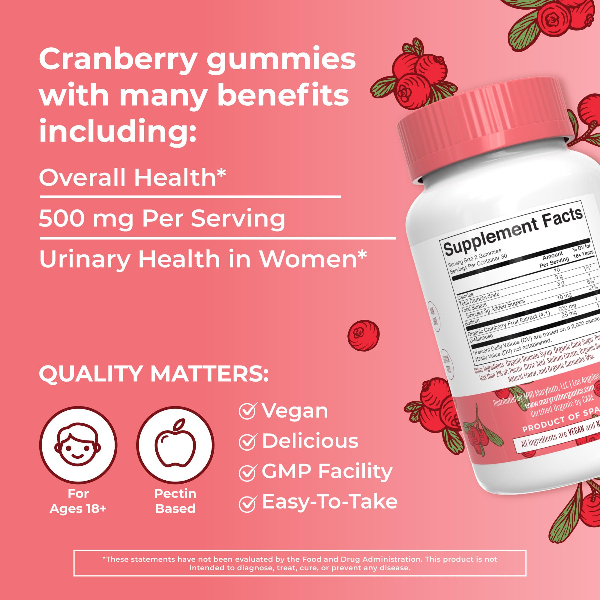Nutrition facts panel for MaryRuth Organic Cranberry Gummies