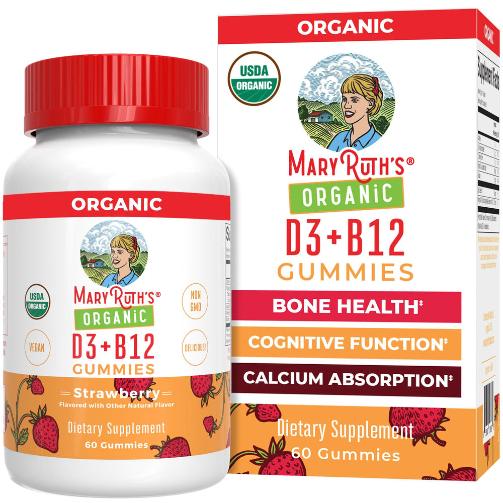 MaryRuth Organics Vitamin D3 & B12 Gummies bottle on white background