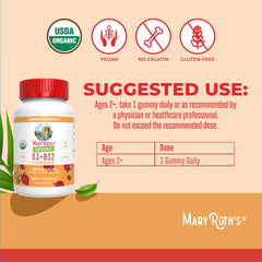 Nutrition facts label for MaryRuth Organics D3 B12 gummies