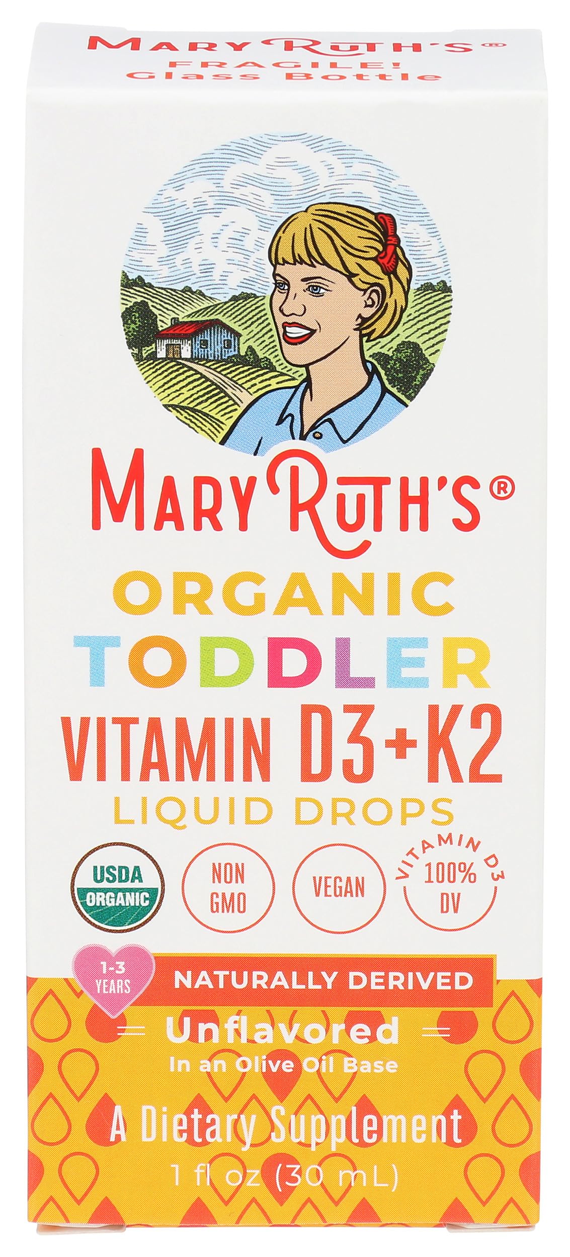 MaryRuth Organics Vitamin D3 + K2 Drops for Toddlers bottle front with label