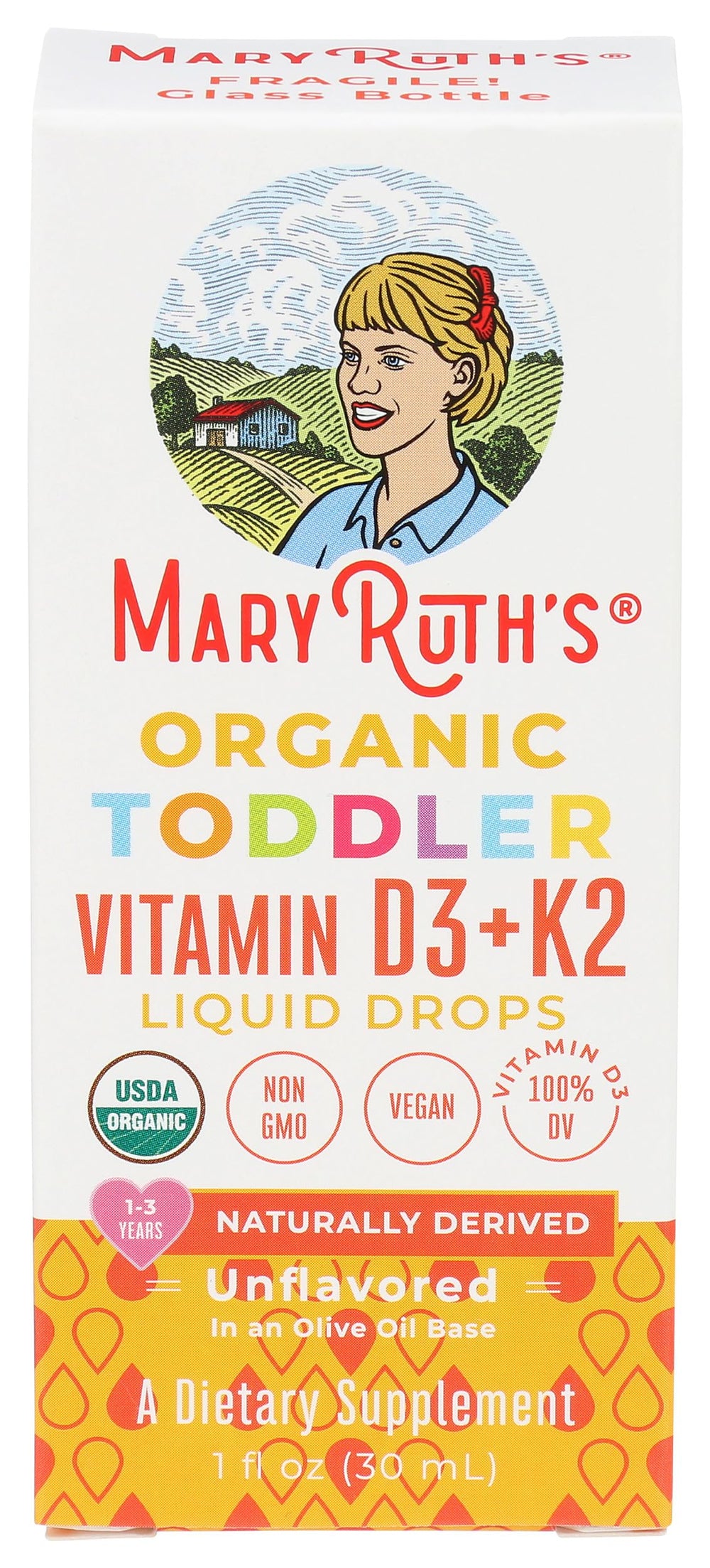 MaryRuth Organics D3+K2 drops bottle pour promotes calcium absorption for growing toddlers.