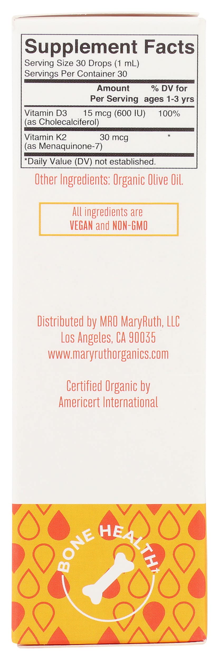MaryRuth Organics D3+K2 toddler drops closeup shows vegan formula.