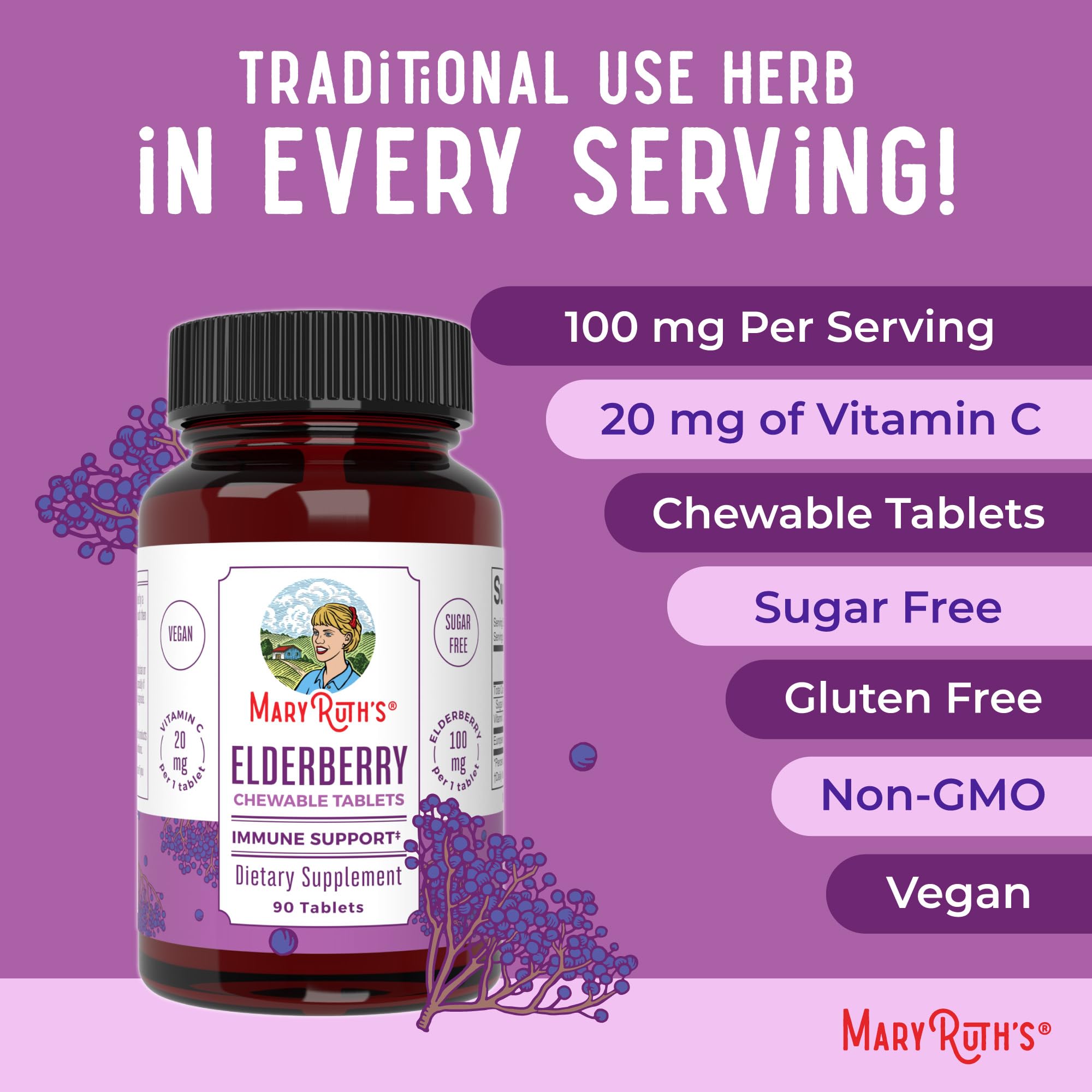 MaryRuth Elderberry Chewable packaging showing 90 servings