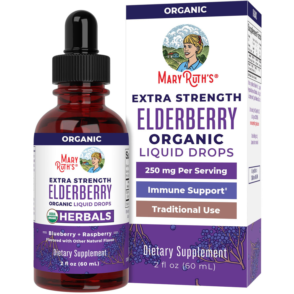 MaryRuth Organics Elderberry Syrup Extra Strength bottle on white background