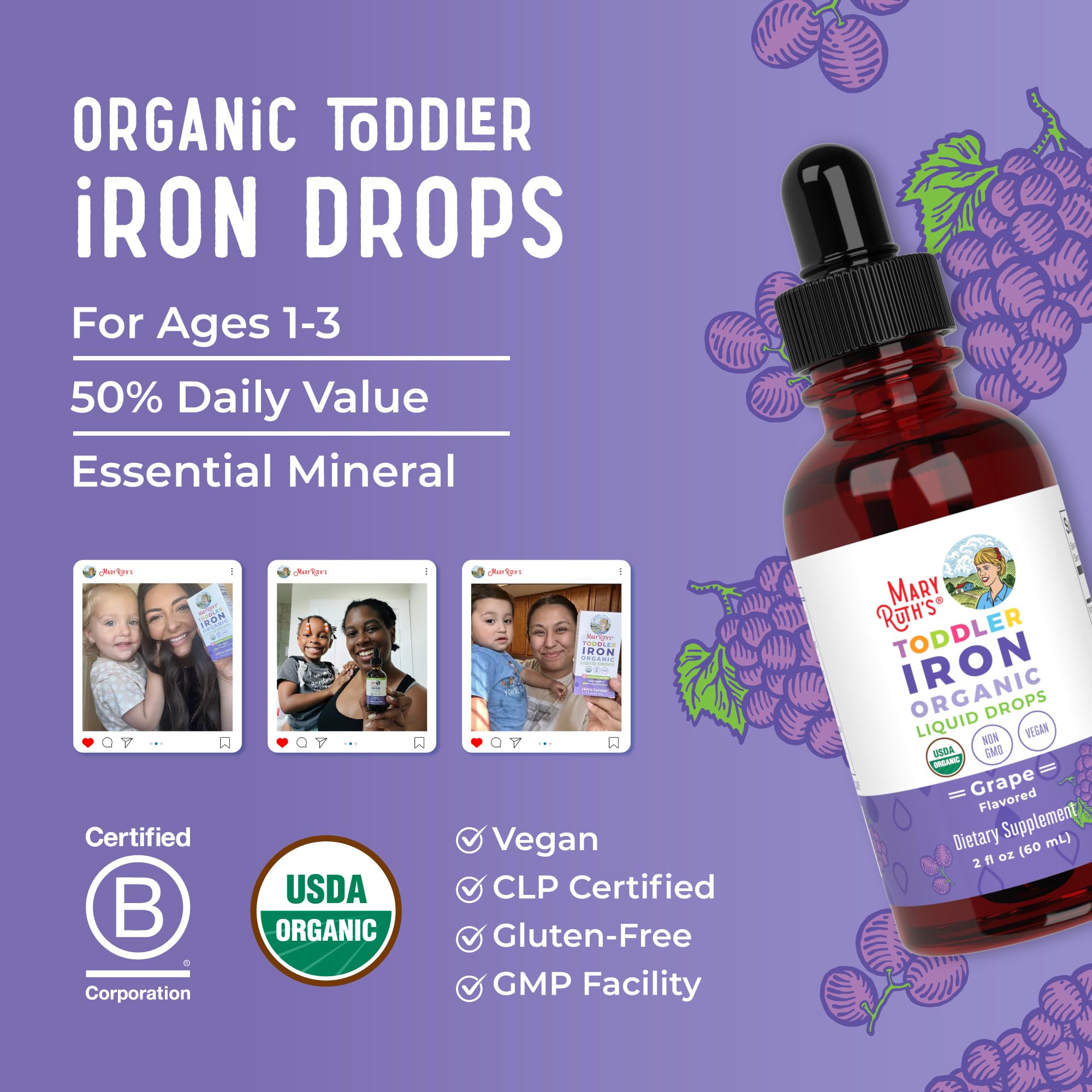 2 fl oz bottle of Toddler Iron Drops with dietary labels