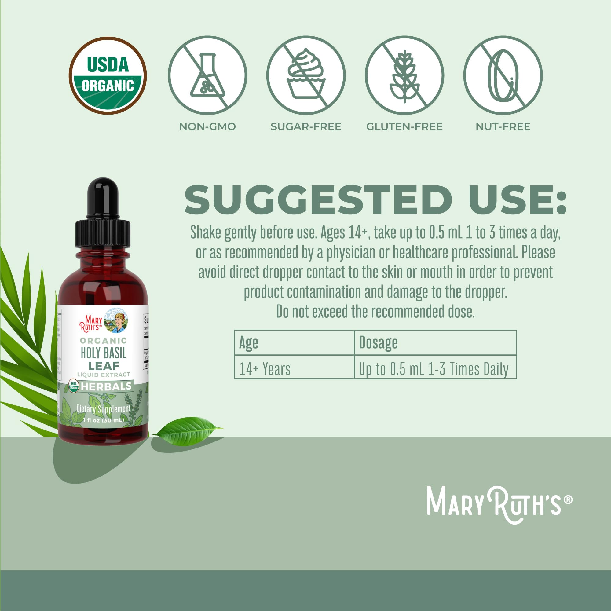 Front view of Holy Basil Tulsi Drops bottle with label