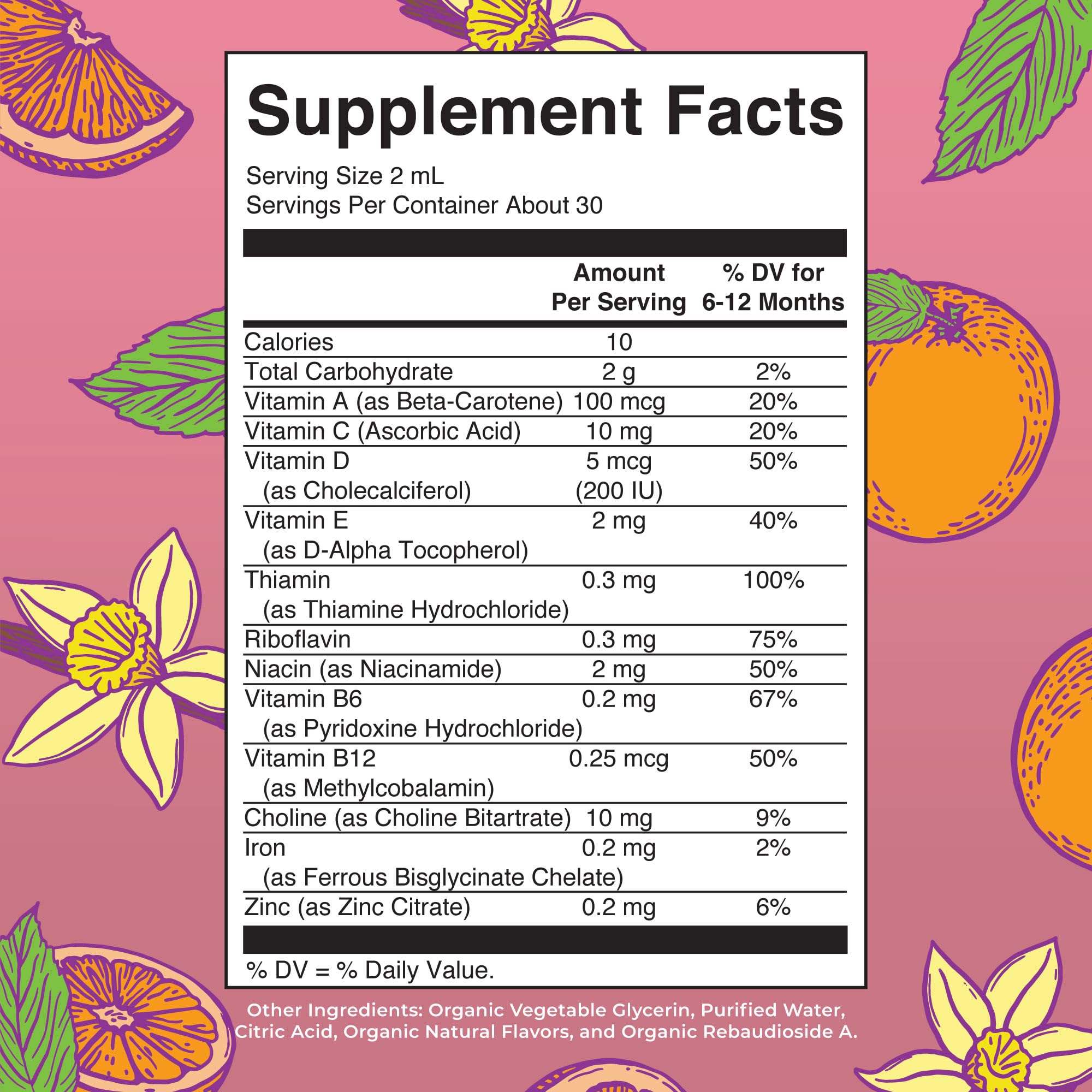 Back label showing supplement facts for infant multivitamin with iron