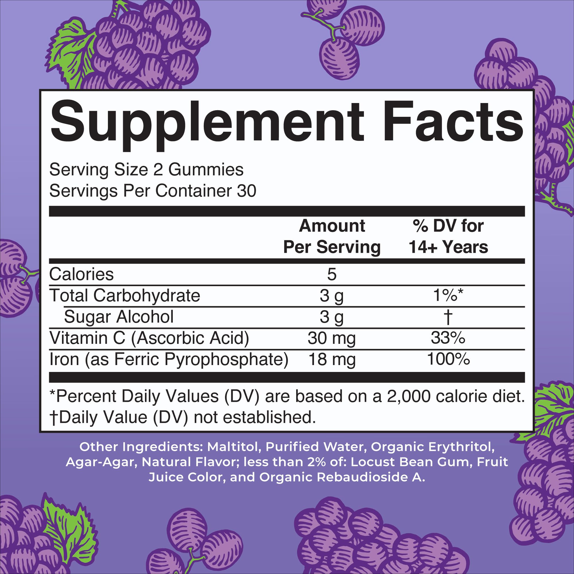 Close-up of the grape-flavored iron gummies label