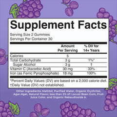 Close-up of the grape-flavored iron gummies label