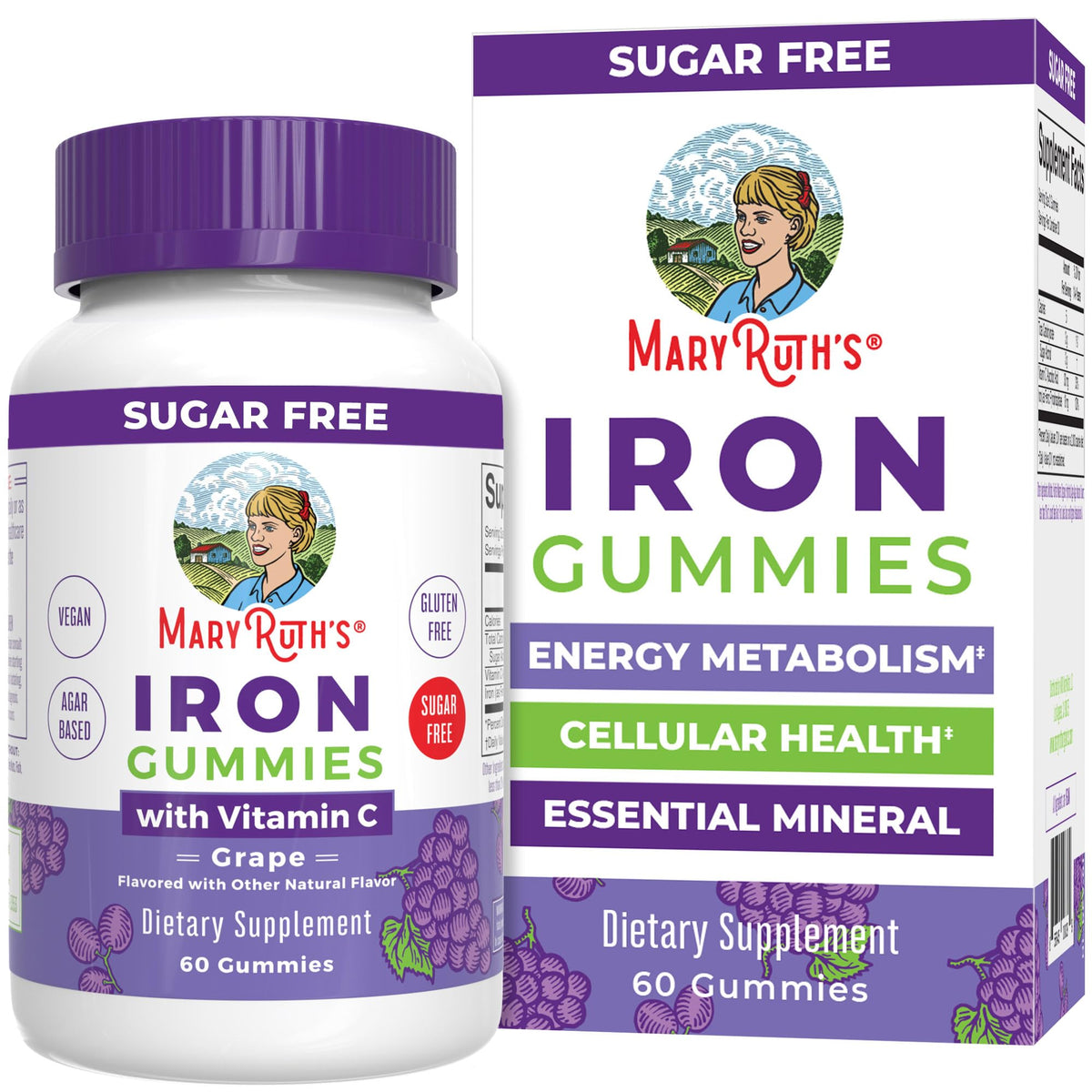 Front view of MaryRuth Organics Iron Gummies bottle with grape flavor