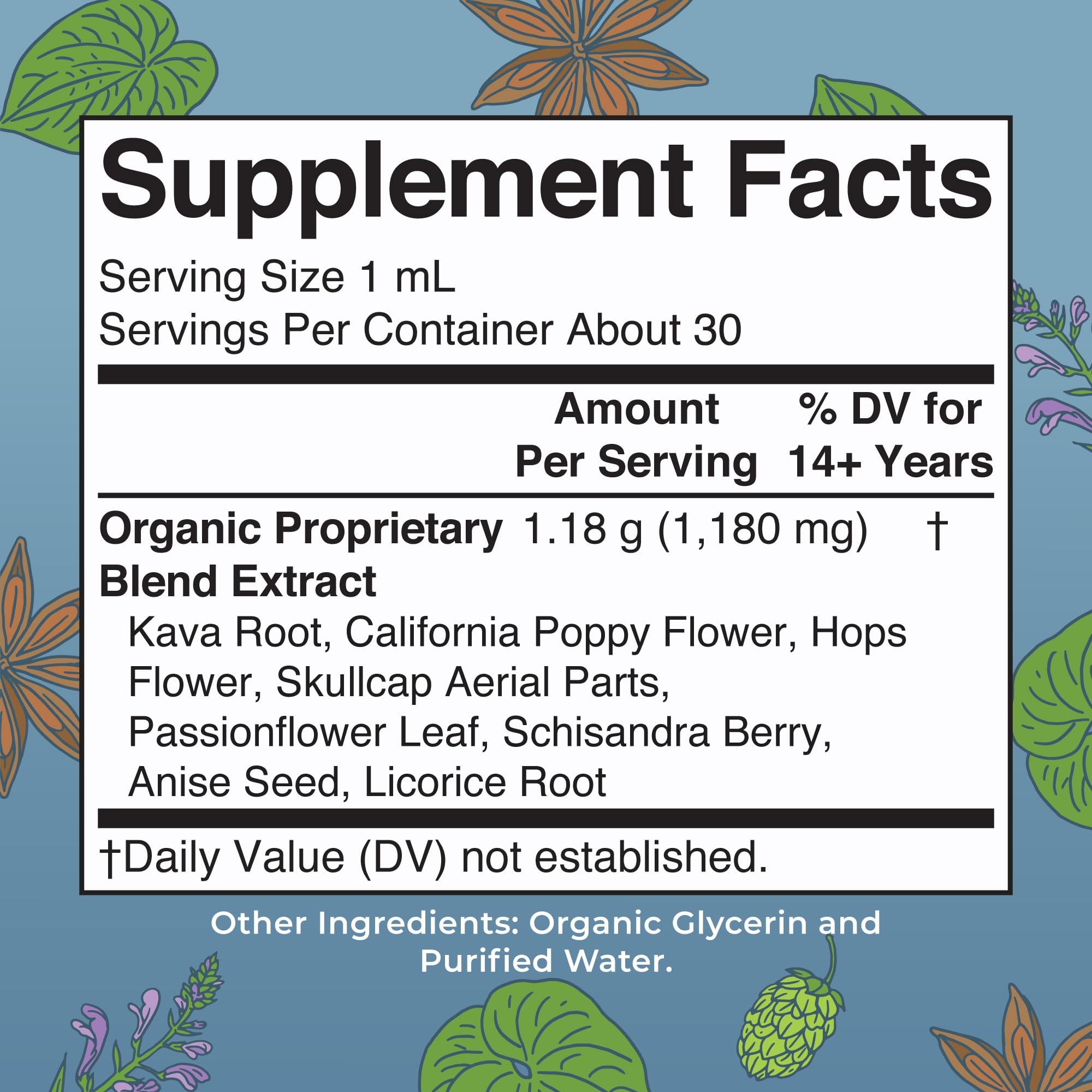 Back view of MaryRuth Organics Calming Kava Root label and bottle