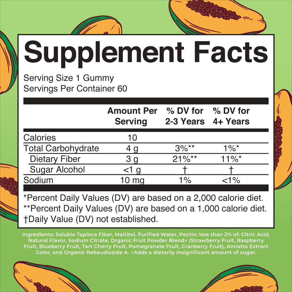 Close-up of papaya-flavored kids fiber gummies