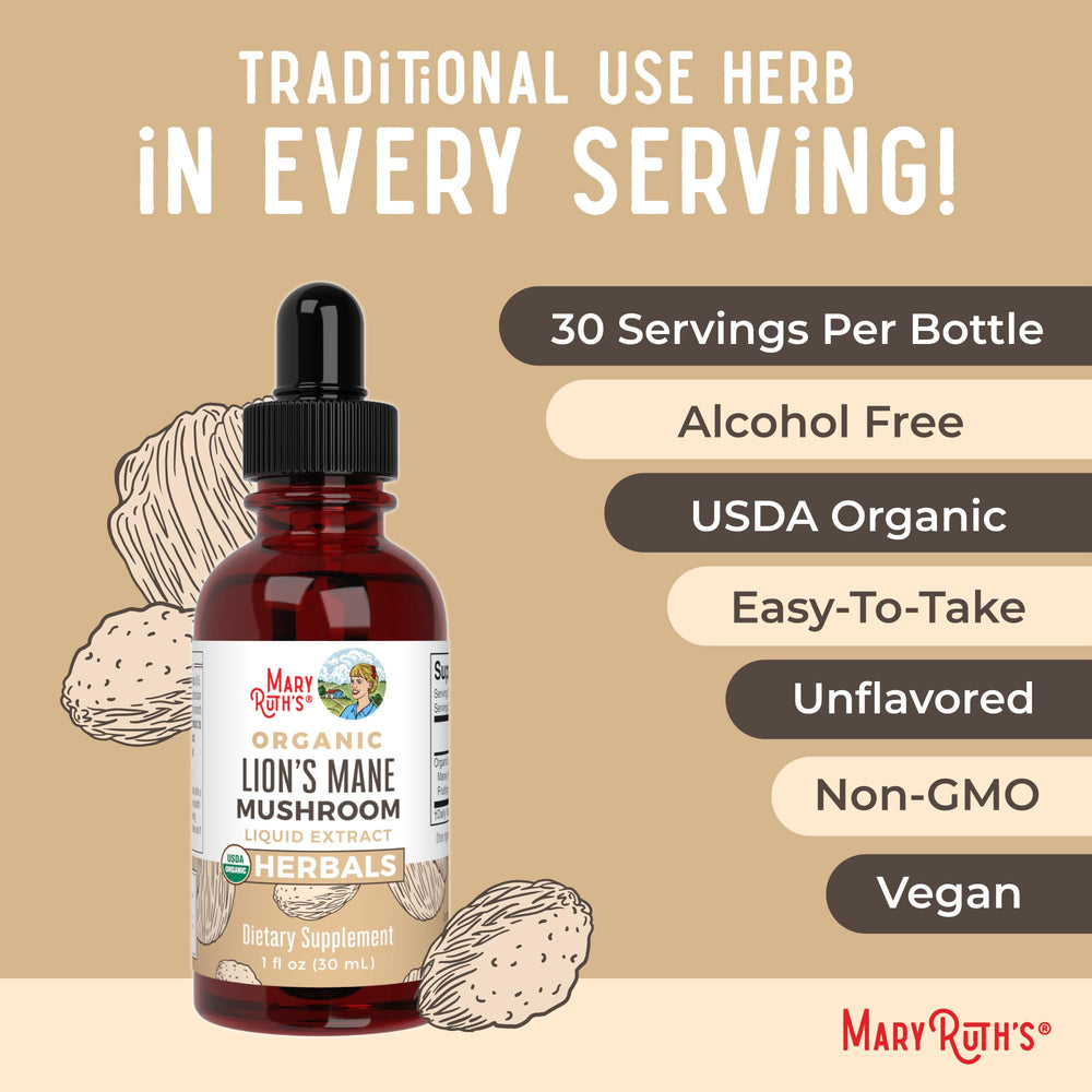 MaryRuth Organics Lions Mane ingredients list showing allergen-free formulation