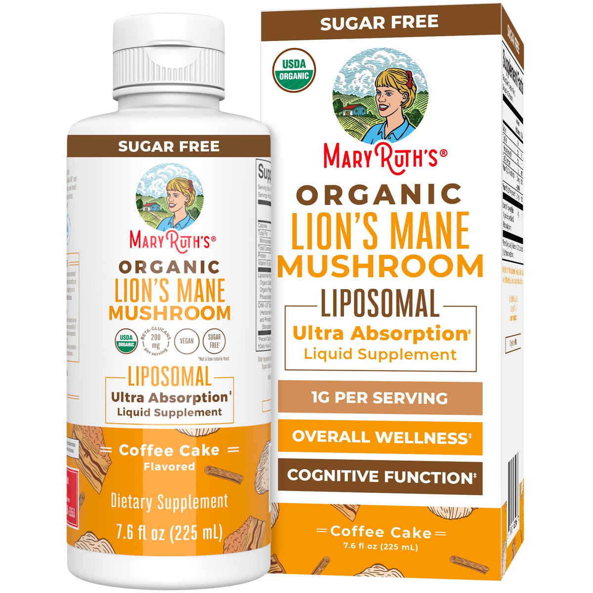 Front view of MaryRuth Organics Lions Mane Liposomal supplement bottle
