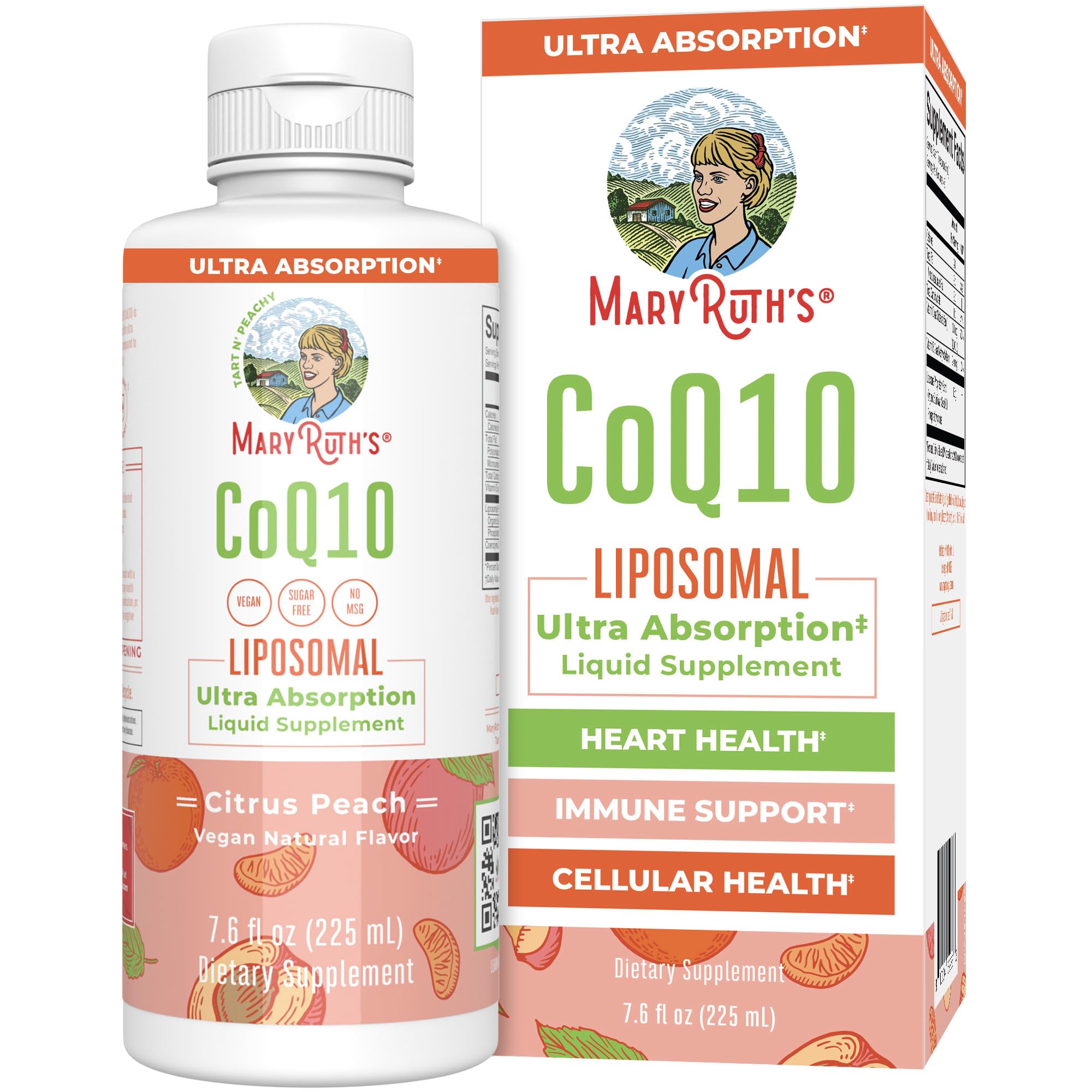 MaryRuth Organics Liquid CoQ10 bottle highlighting heart health benefits