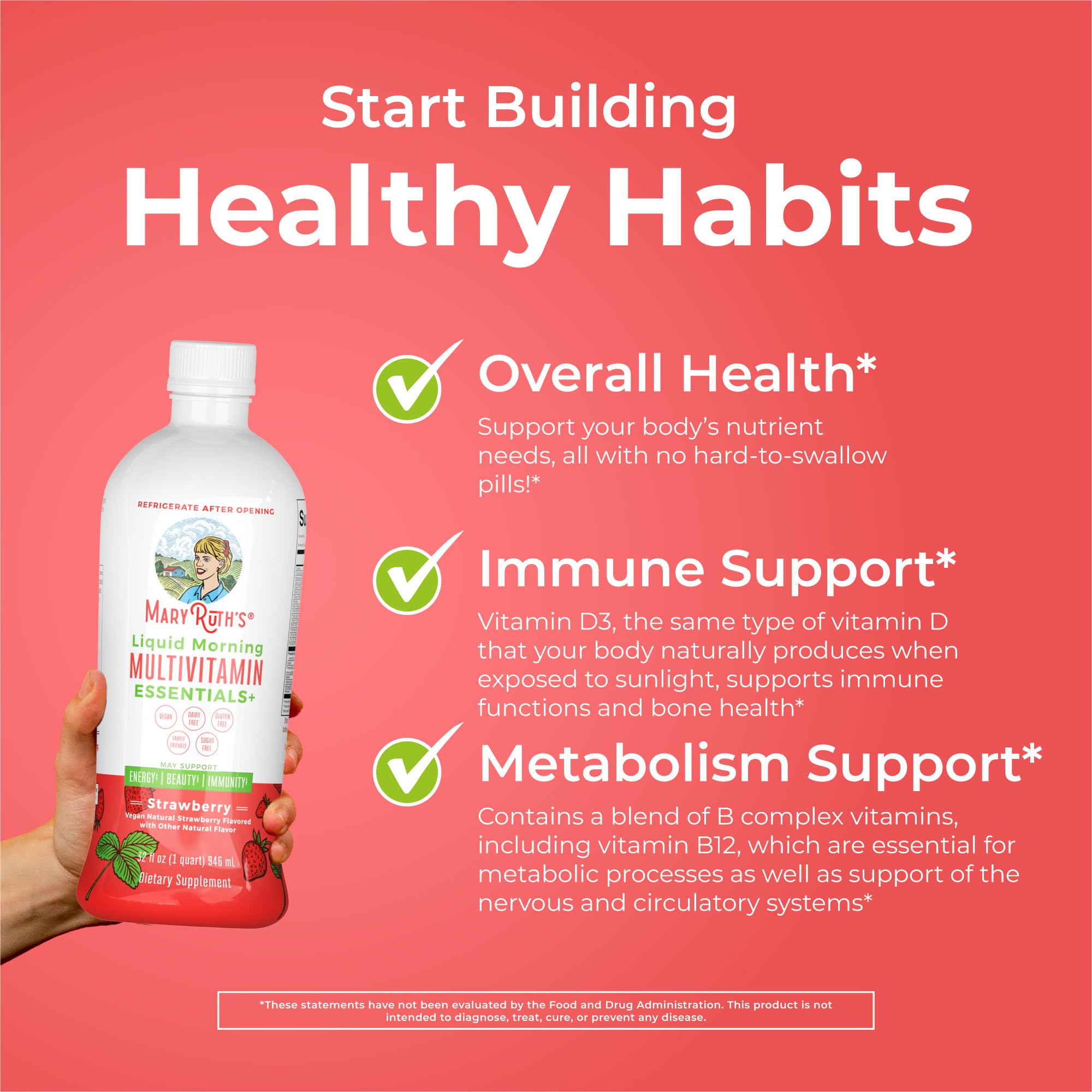 Strawberry flavor bottle of MaryRuth Organics Liquid Morning Multivitamin Essentials+