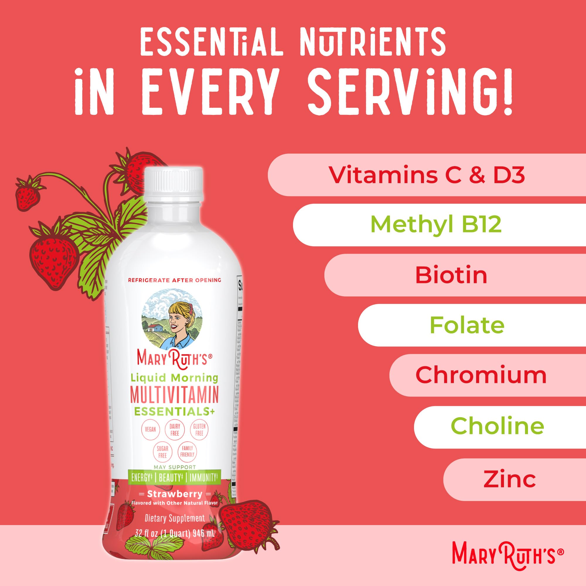 Vegan and Non-GMO icons displayed on MaryRuth Essentials+ packaging