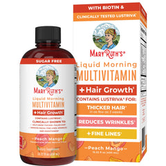 MaryRuth Organics liquid multivitamin bottle for daily wellness and hair support.