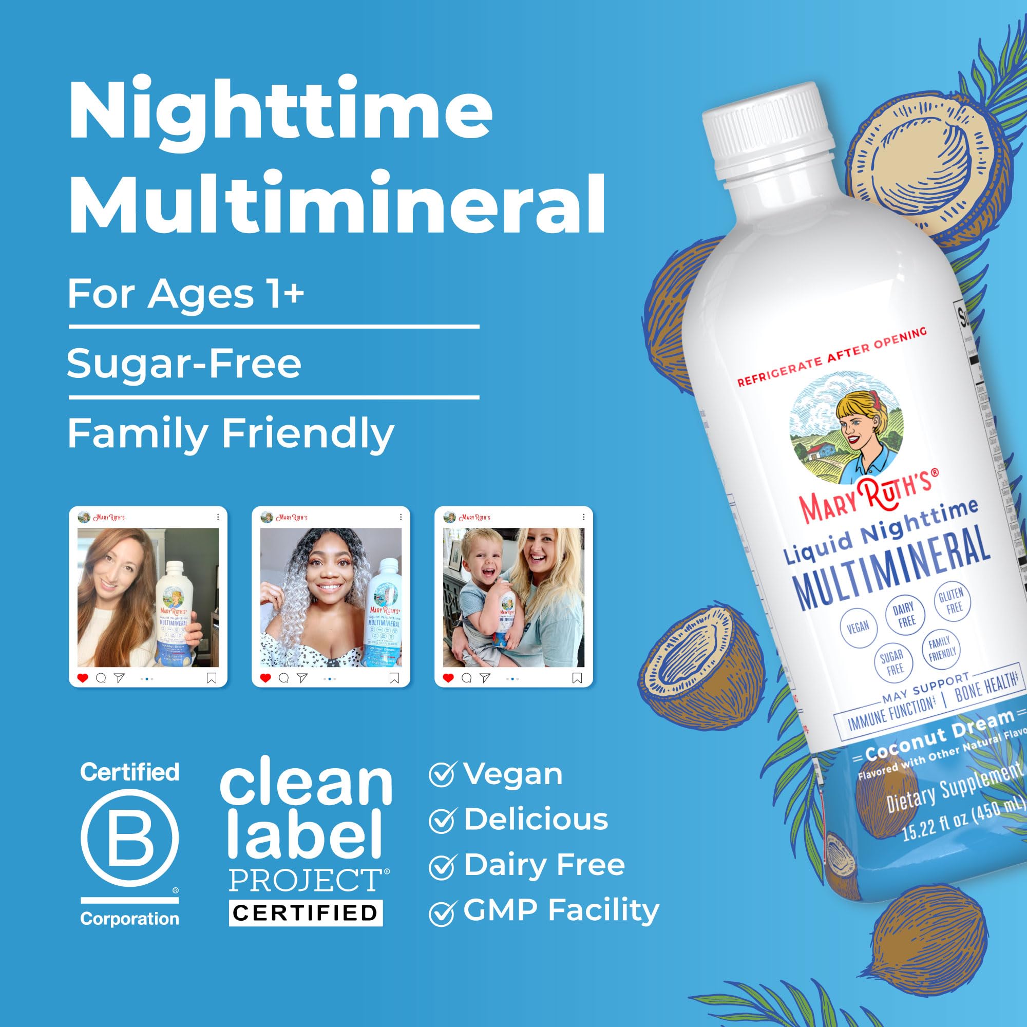 MaryRuth Organics Nighttime Multimineral ingredients panel with minerals and vitamin D3
