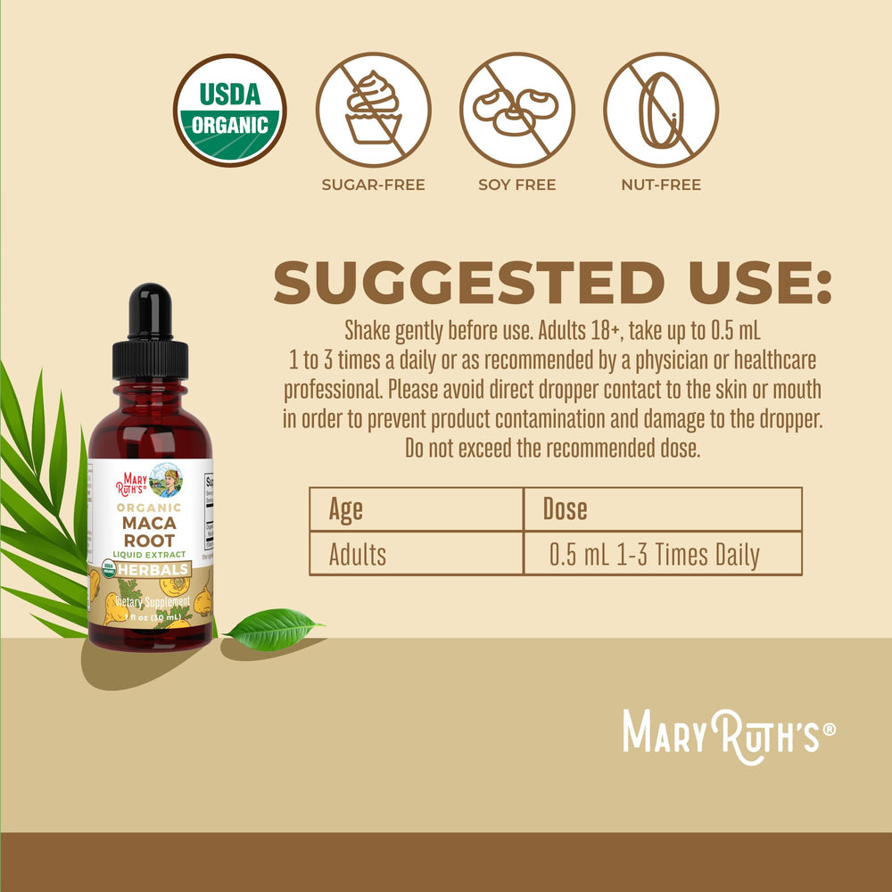 Close-up of Maca root powder and label