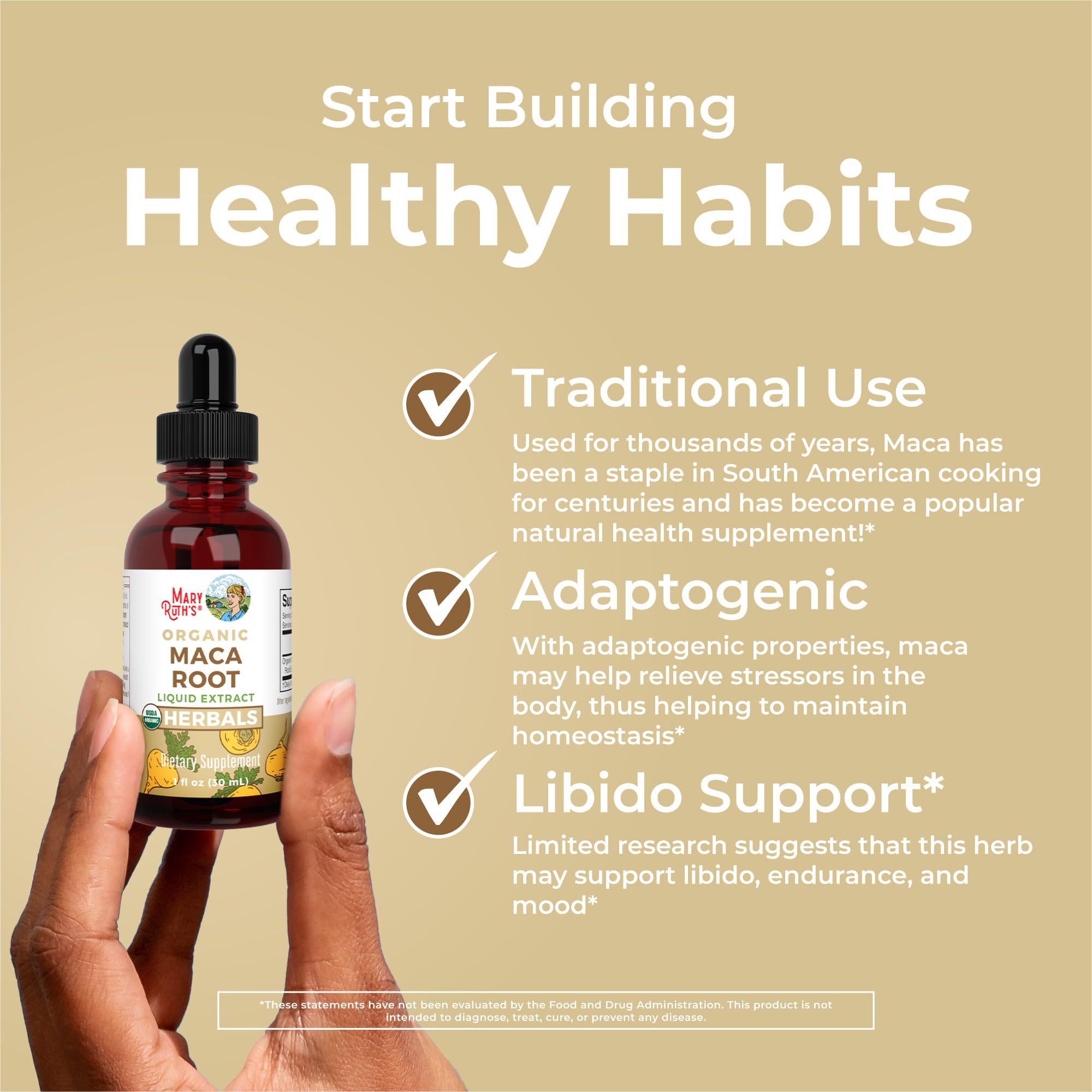 Maca root tincture bottle and dropper on white