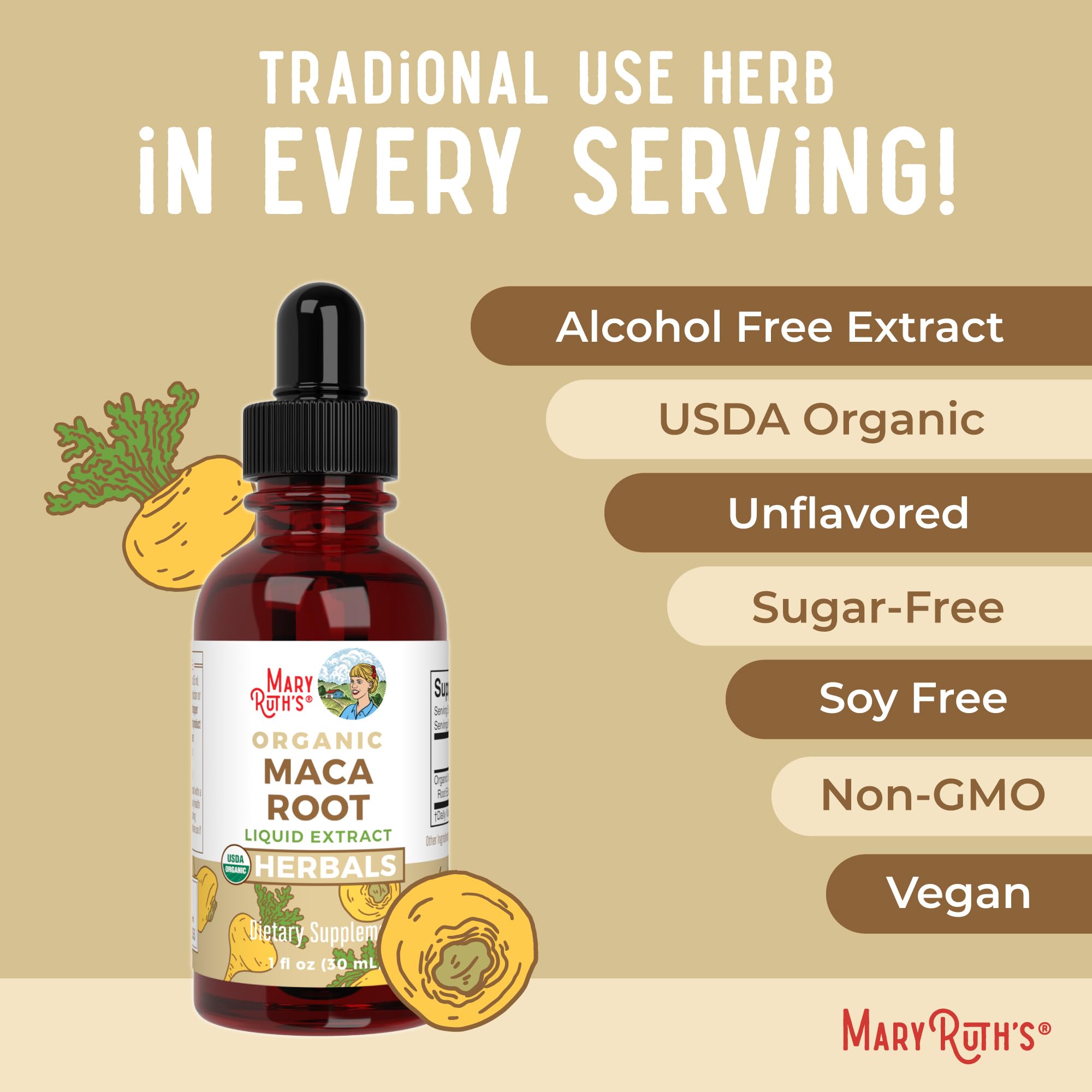 Serving suggestion with Maca Root tincture bottle