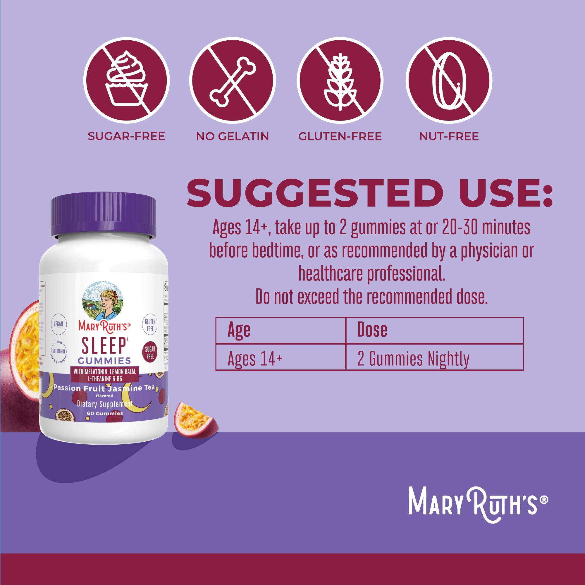 Close-up of bottle label for MaryRuth Organics Melatonin Sleep Gummies