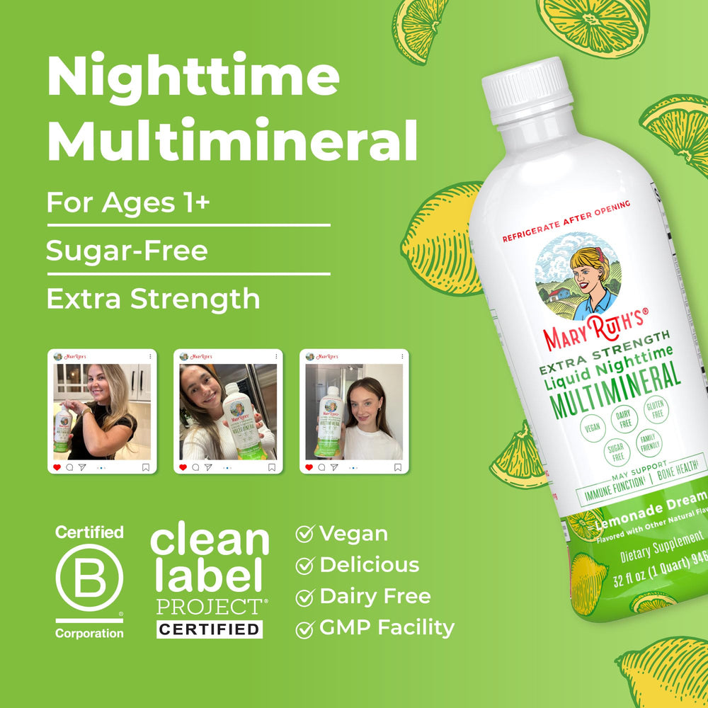 Measuring spoon beside MaryRuth Organics Nighttime Multimineral for accurate portions
