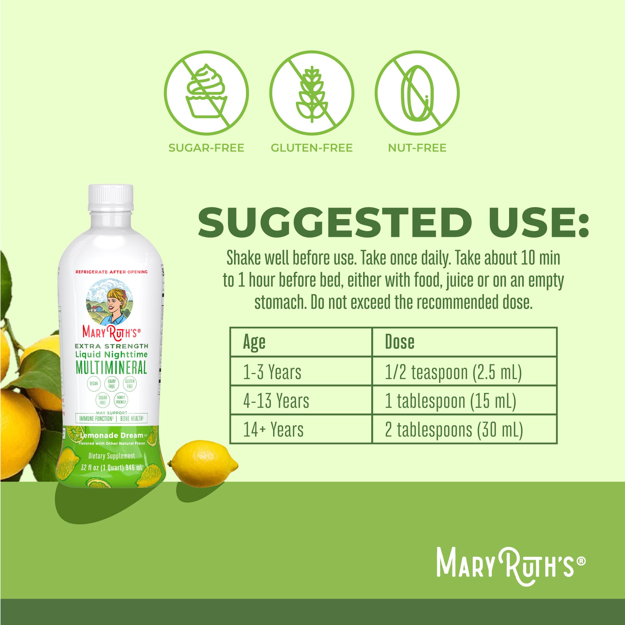 Close-up of MaryRuth Organics Nighttime Multimineral label showing vegan, melatonin-free ingredients