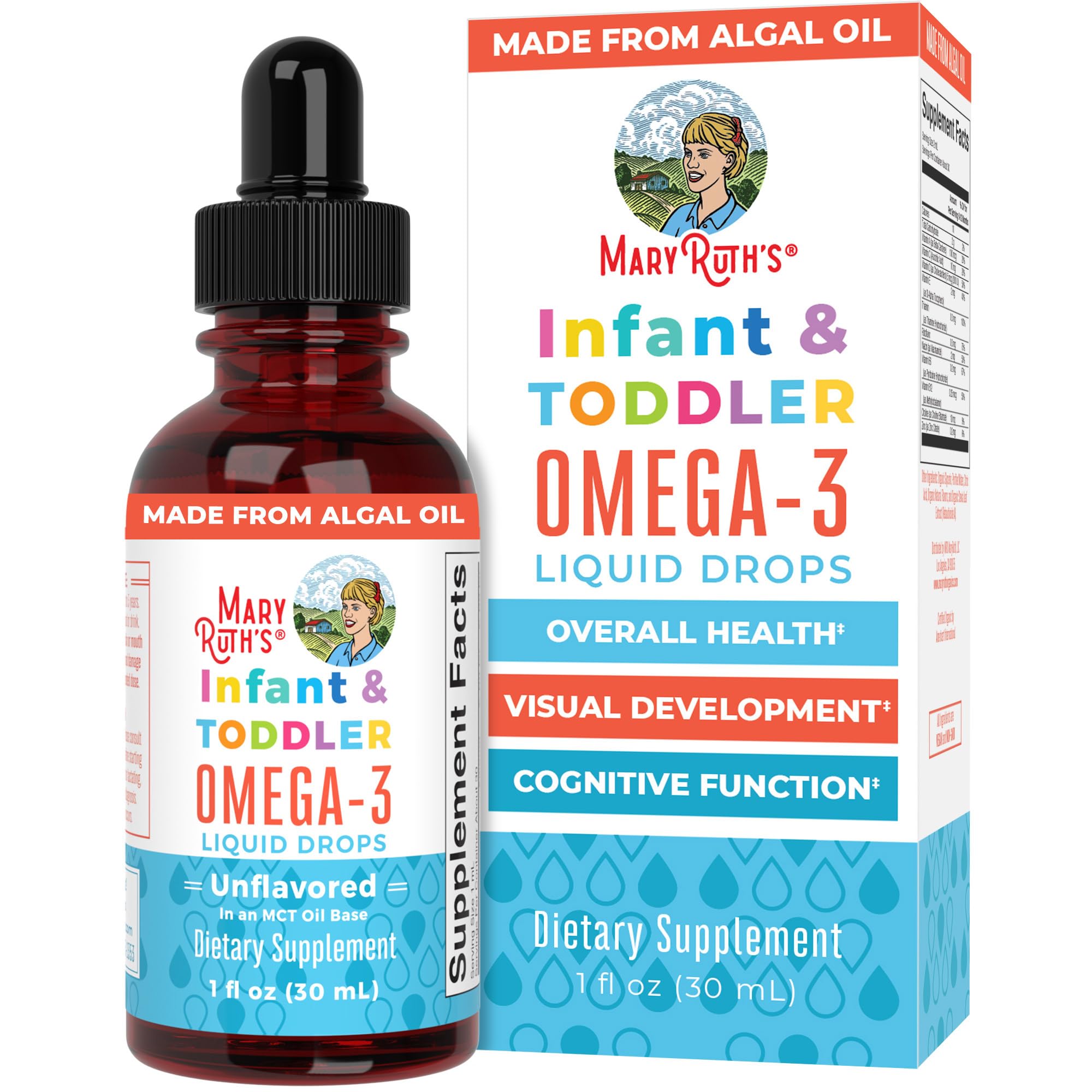 Front view of MaryRuth Organics Omega-3 infant and toddler liquid drops bottle, 1 oz
