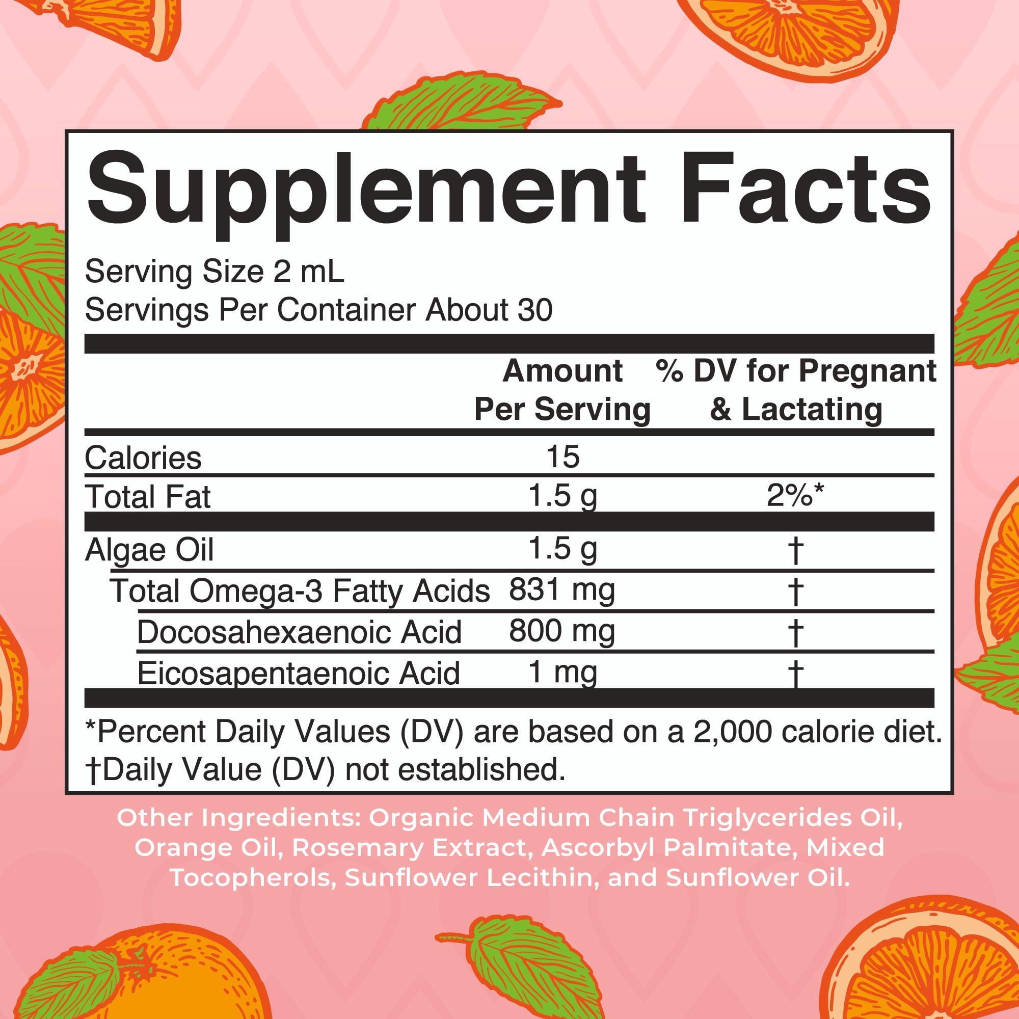 Nutrition per serving showing 800 mg DHA and 8 mg EPA