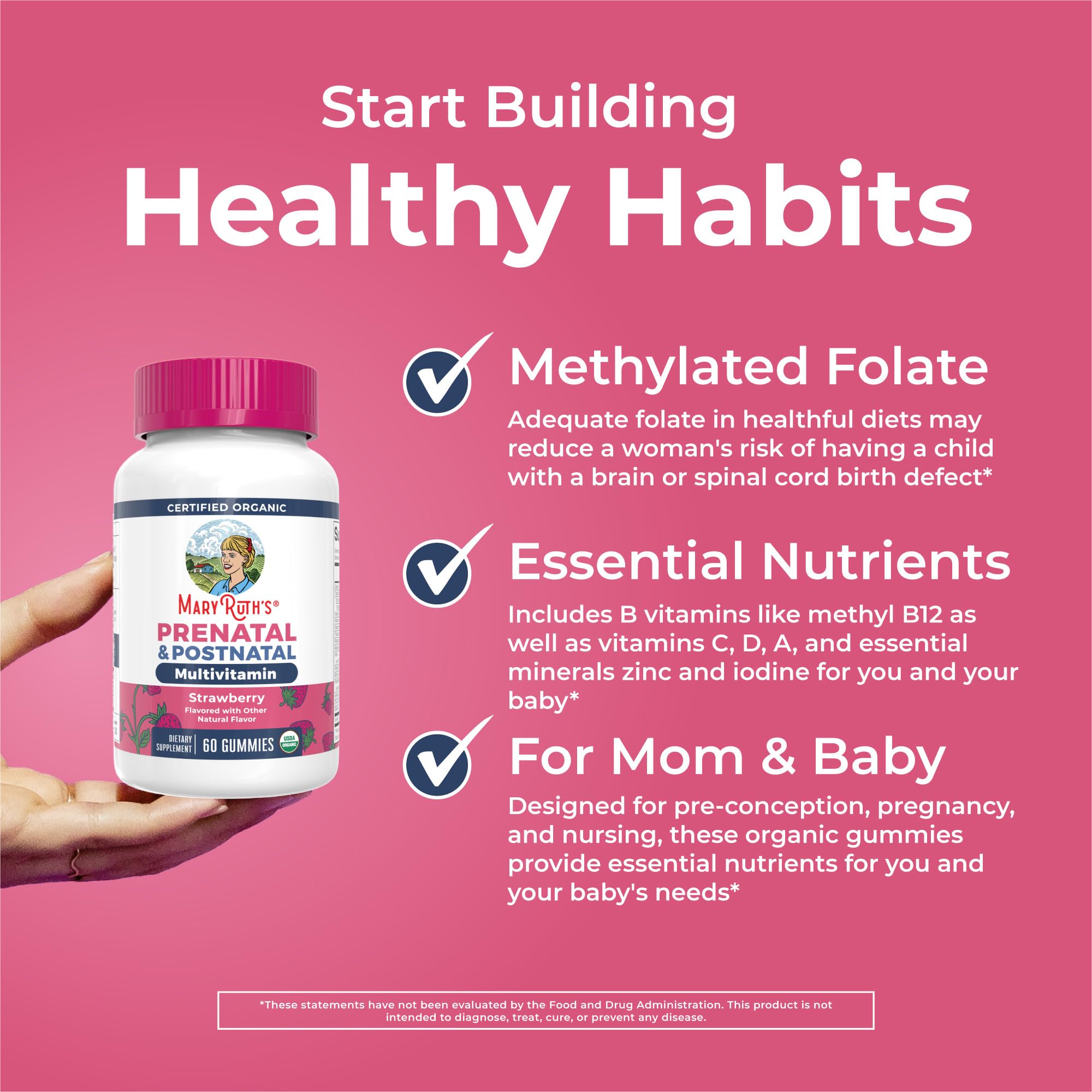 MaryRuth Organics Prenatal Gummies bottle on counter ready to take