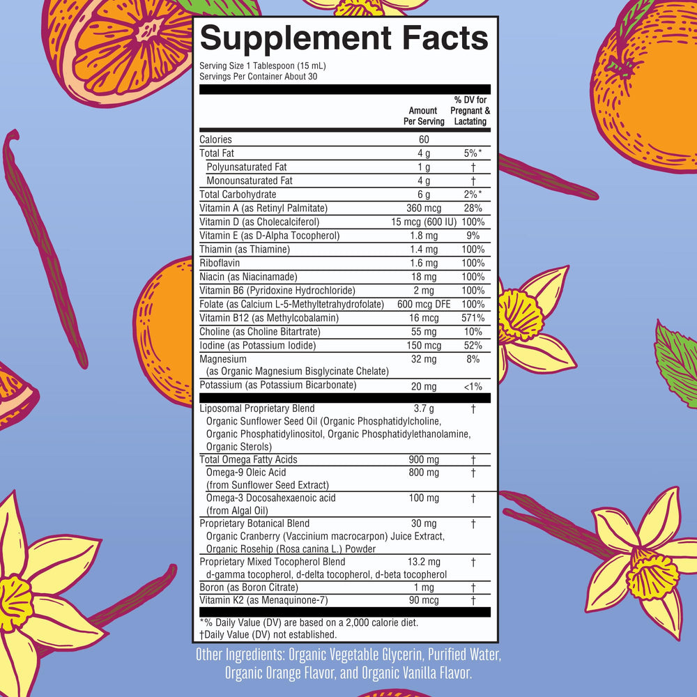 Close-up of orange vanilla-flavored liposomal multivitamin liquid
