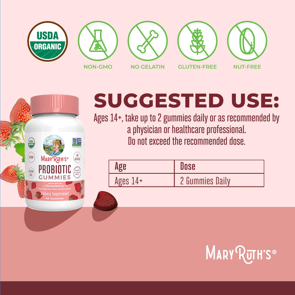 Close-up of MaryRuth Organics probiotic gummies label