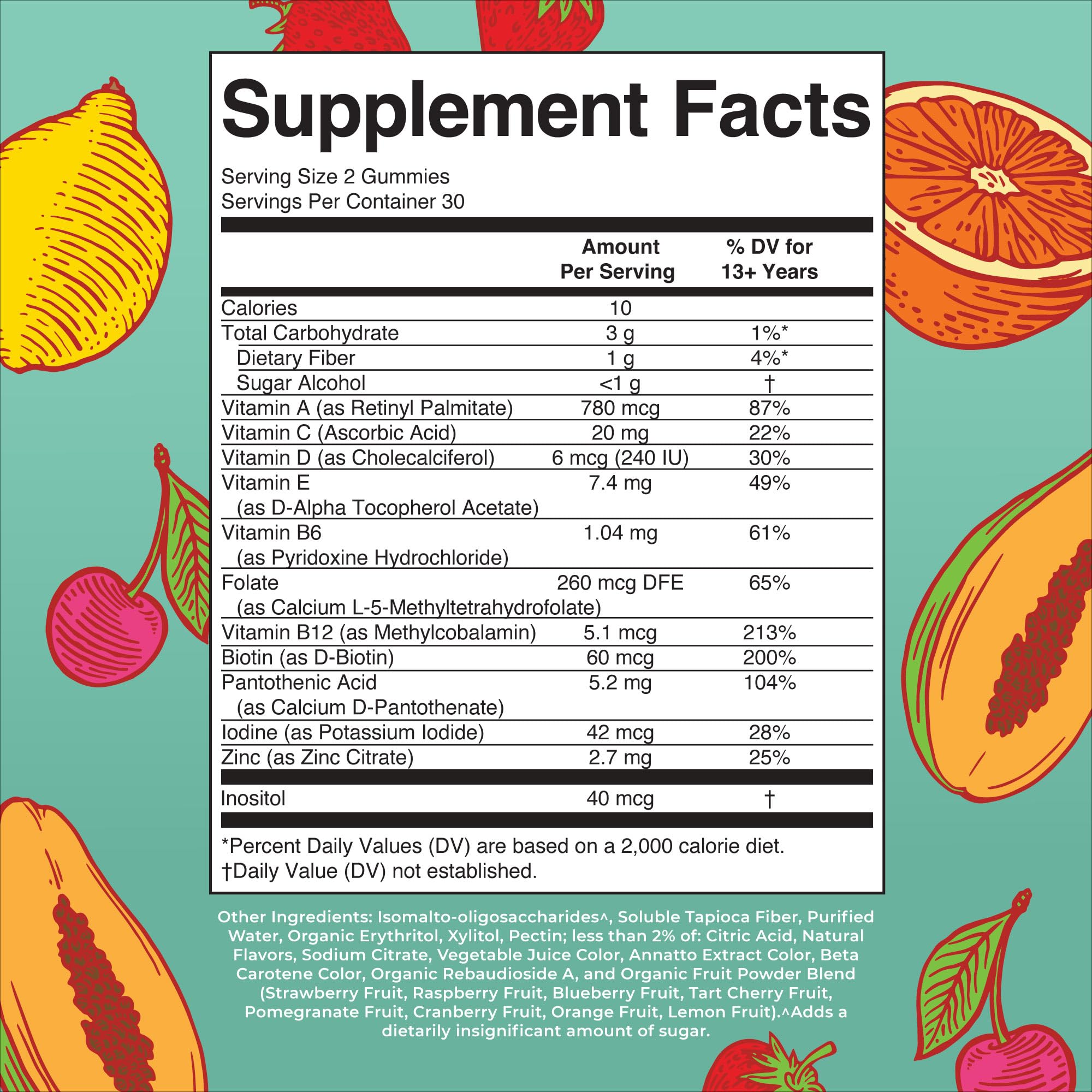 Close up of teen multivitamin gummies with three flavors
