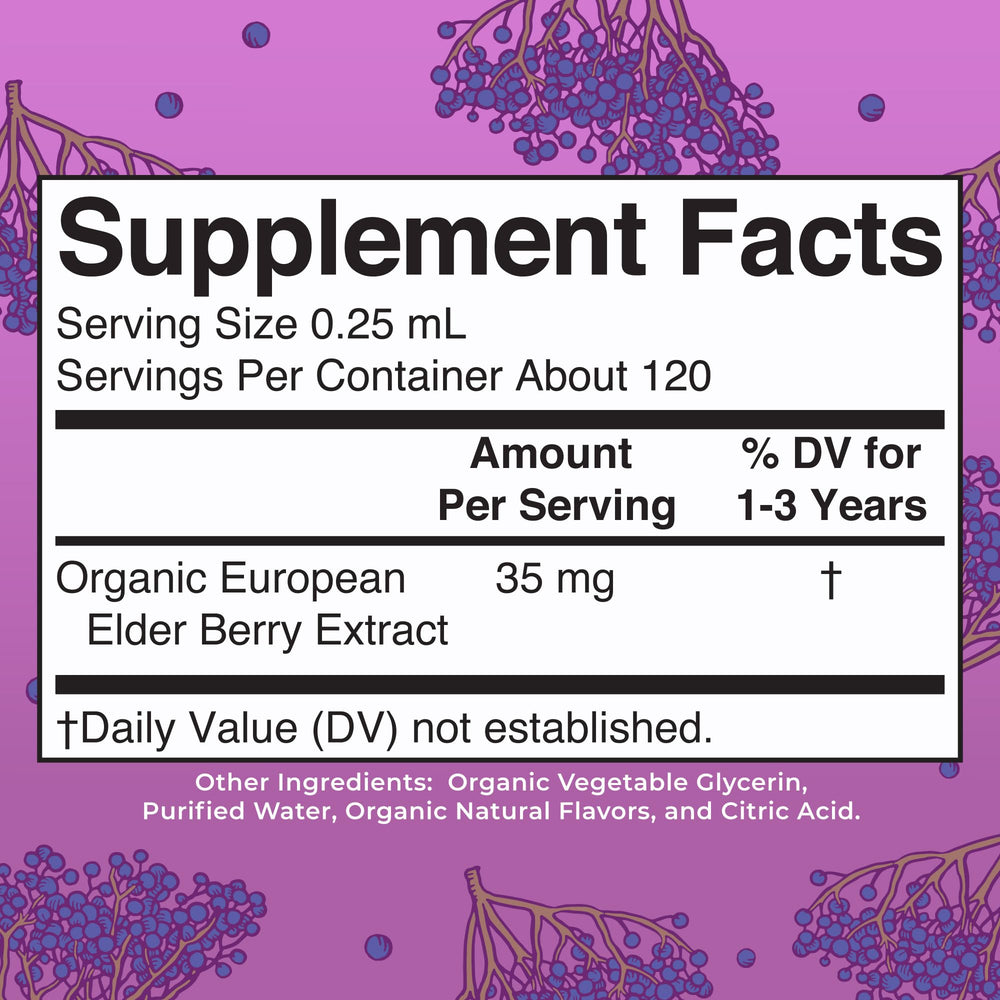 Close-up of Toddler Elderberry Syrup bottle with dropper