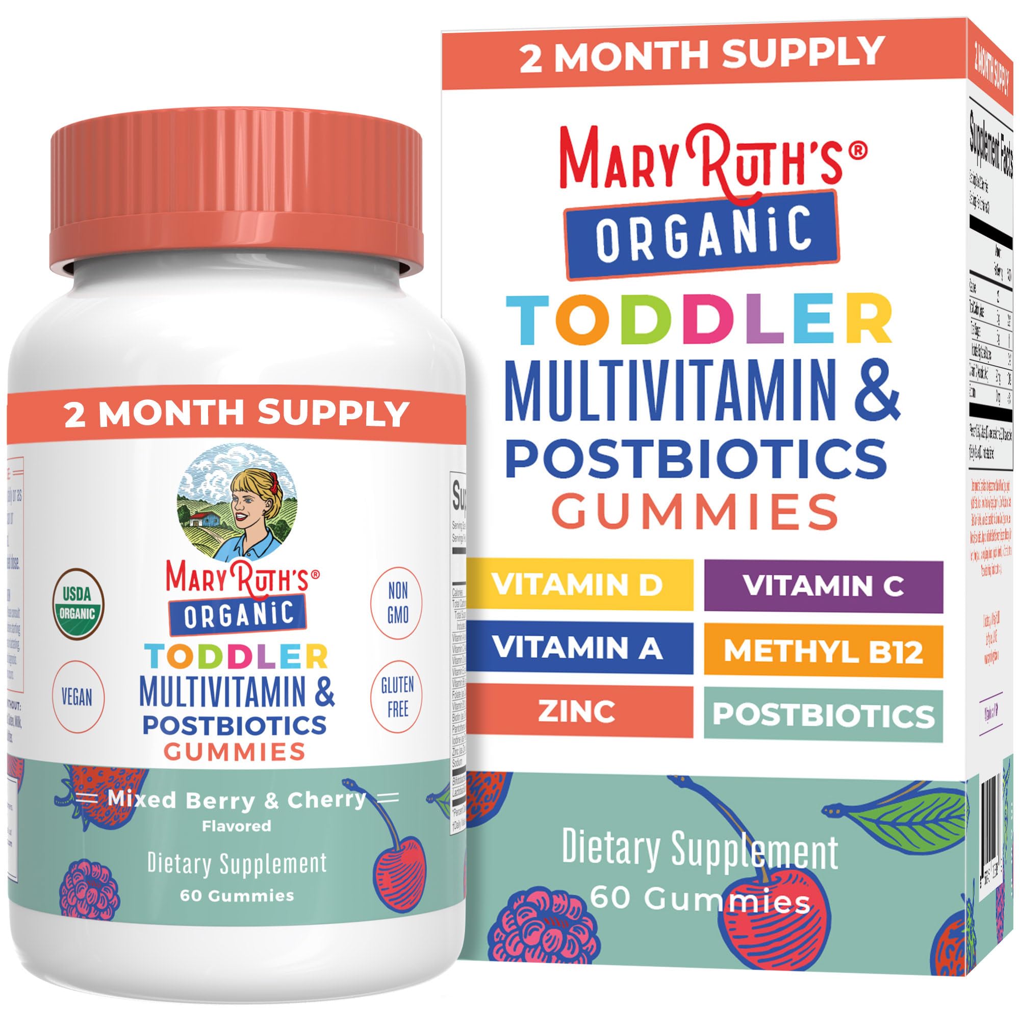 MaryRuth Organics toddler multivitamin gummies bottle with postbiotics for daily immune support.