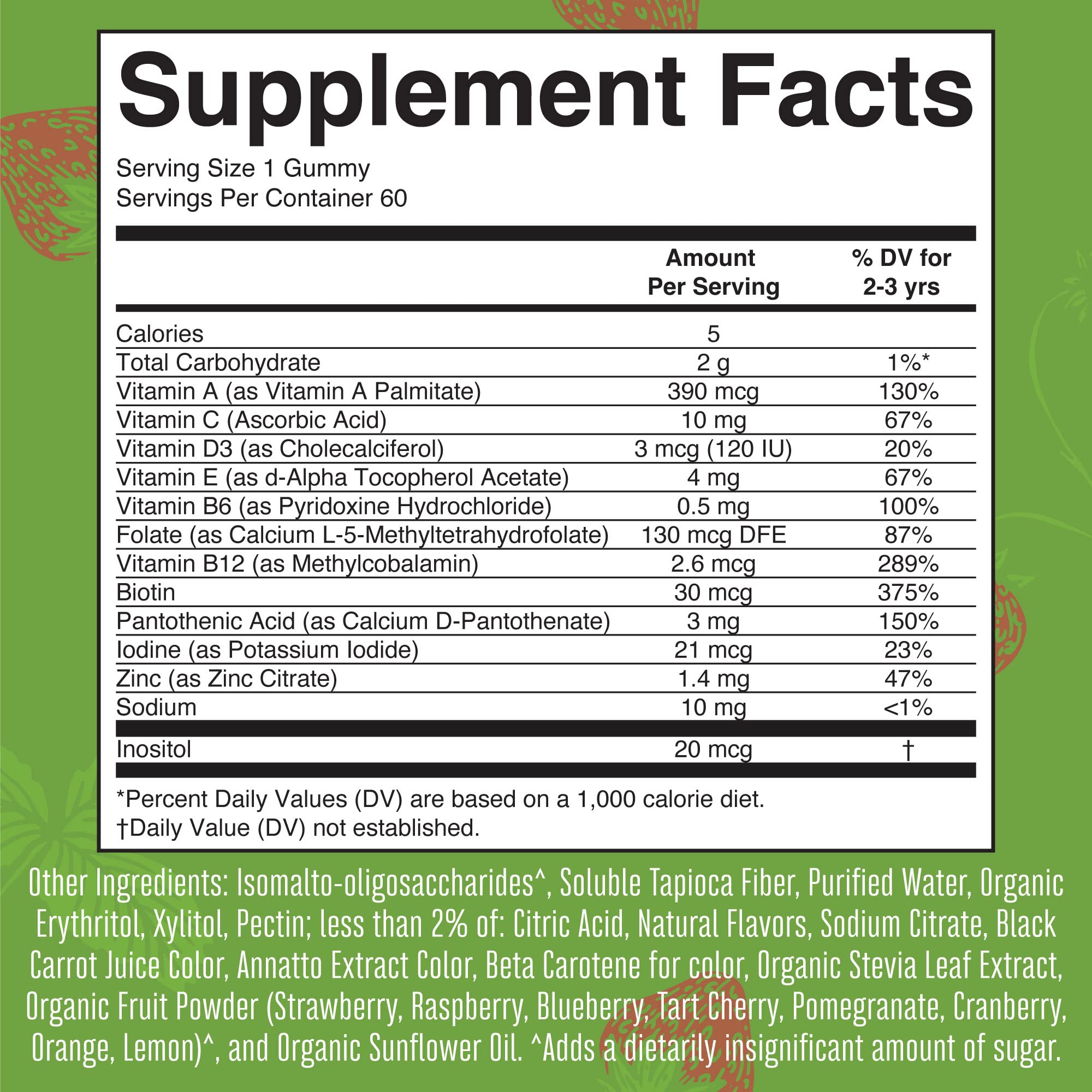 Nutrition facts panel for the toddler multivitamin gummies